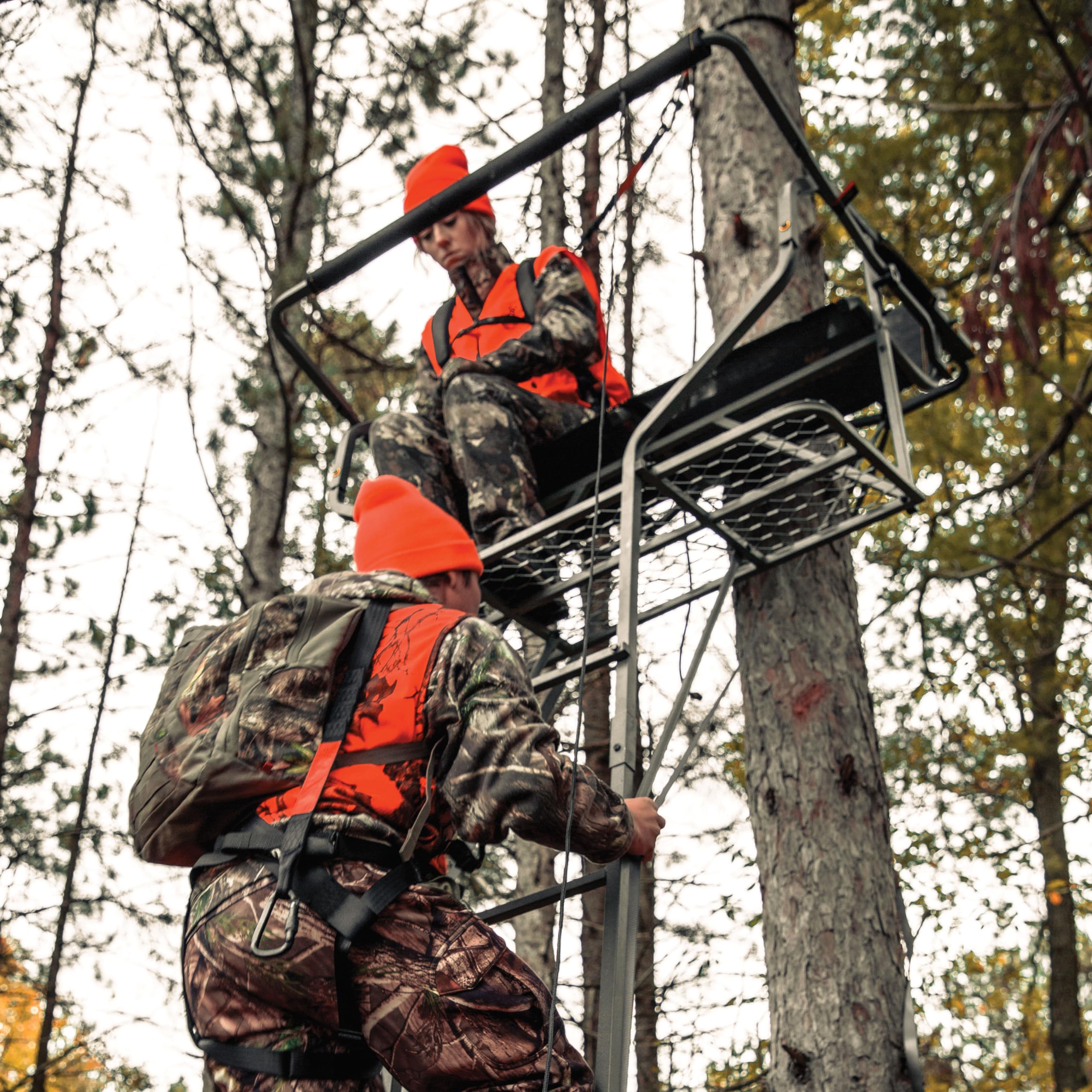 Relax 2-Man LS Ladder Stand, Rivers Edge, 16’10” Height, Lockdown Strapping System, Large Platform, TearTuff Mesh Seat, Flip-Back Shooting Rail, RE673