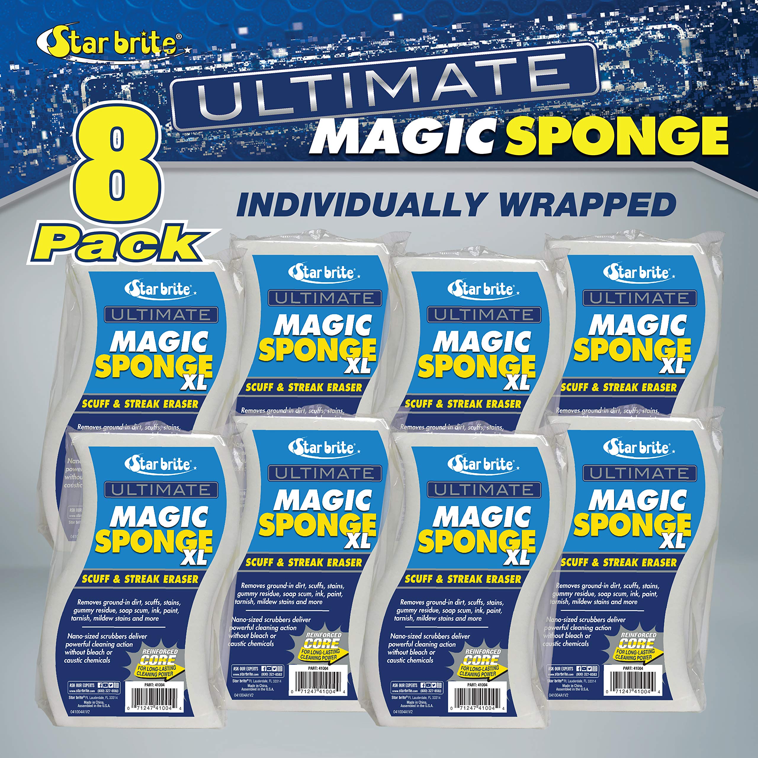 XL Magic Sponge STAR BRITE - 8 Pack - Extra Large, Long Lasting, Premium Melamine Boat Scuff Eraser - Multi-Purpose Scrubber - Bathroom, Kitchen, Floor, Bathtub, Toilet, Baseboard, Wall Cleaner