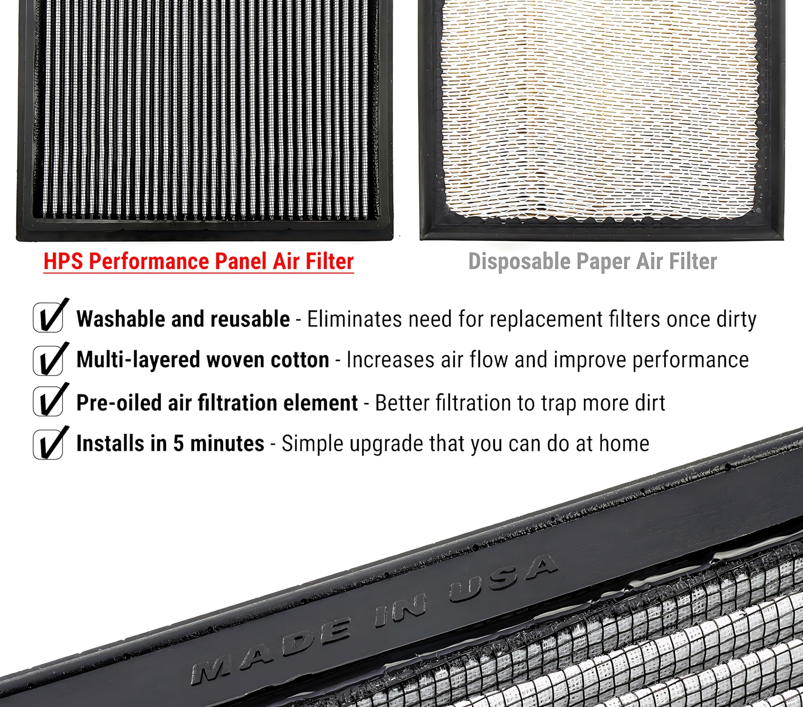 HPS Drop-in Engine Air Filter: High Performance, Premium, Washable, Replacement Car Filter Right, Compatible for Genesis 2019-2024 G70 3.3L V6 Turbo Kia 2018-2024 Stinger 3.3L V6 Turbo, HPS-457384