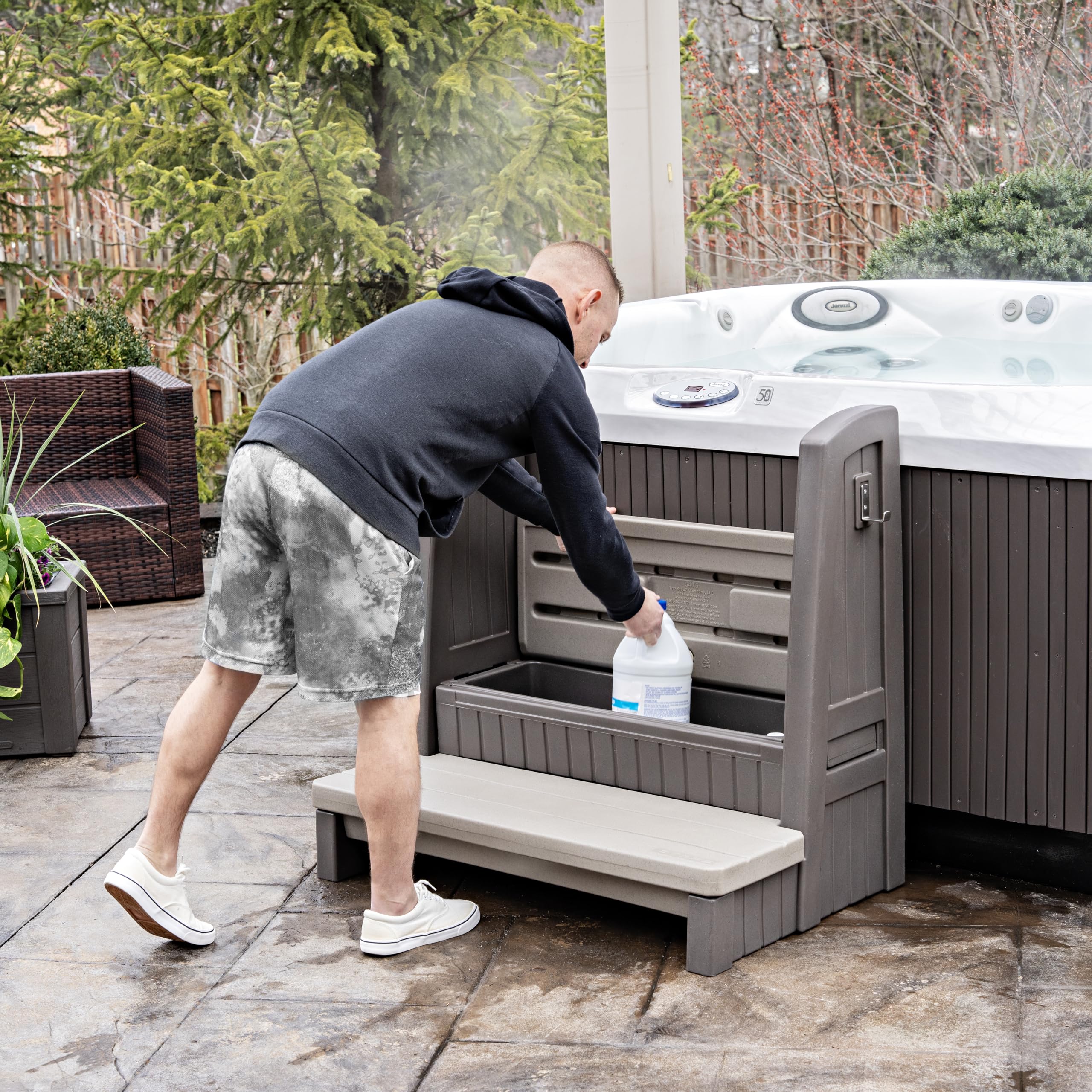 Step2 Storage Hot Tub Steps with Handrails, 2-Step Stool, Waterproof Stairs for Outdoor/Indoor Pool or Jacuzzi, Made of Durable Plastic, Dark Cedar
