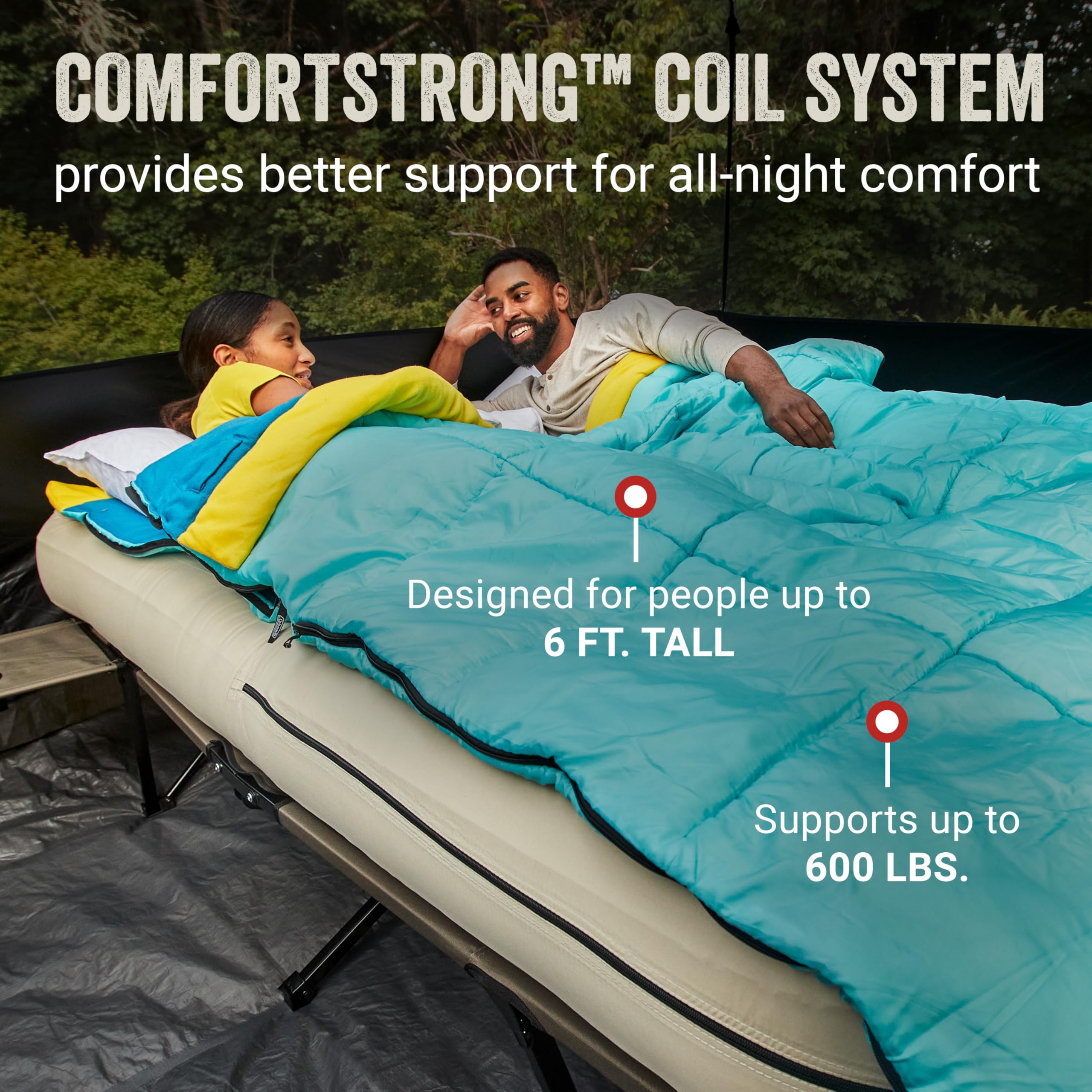 Queen-Size Coleman Airbed Cot Combination, Folding Air Mattress with Steel Frame & Side Table, Battery Pump Included, Great for Camping, Lounging, Elevated Sleeping, Guests, & More