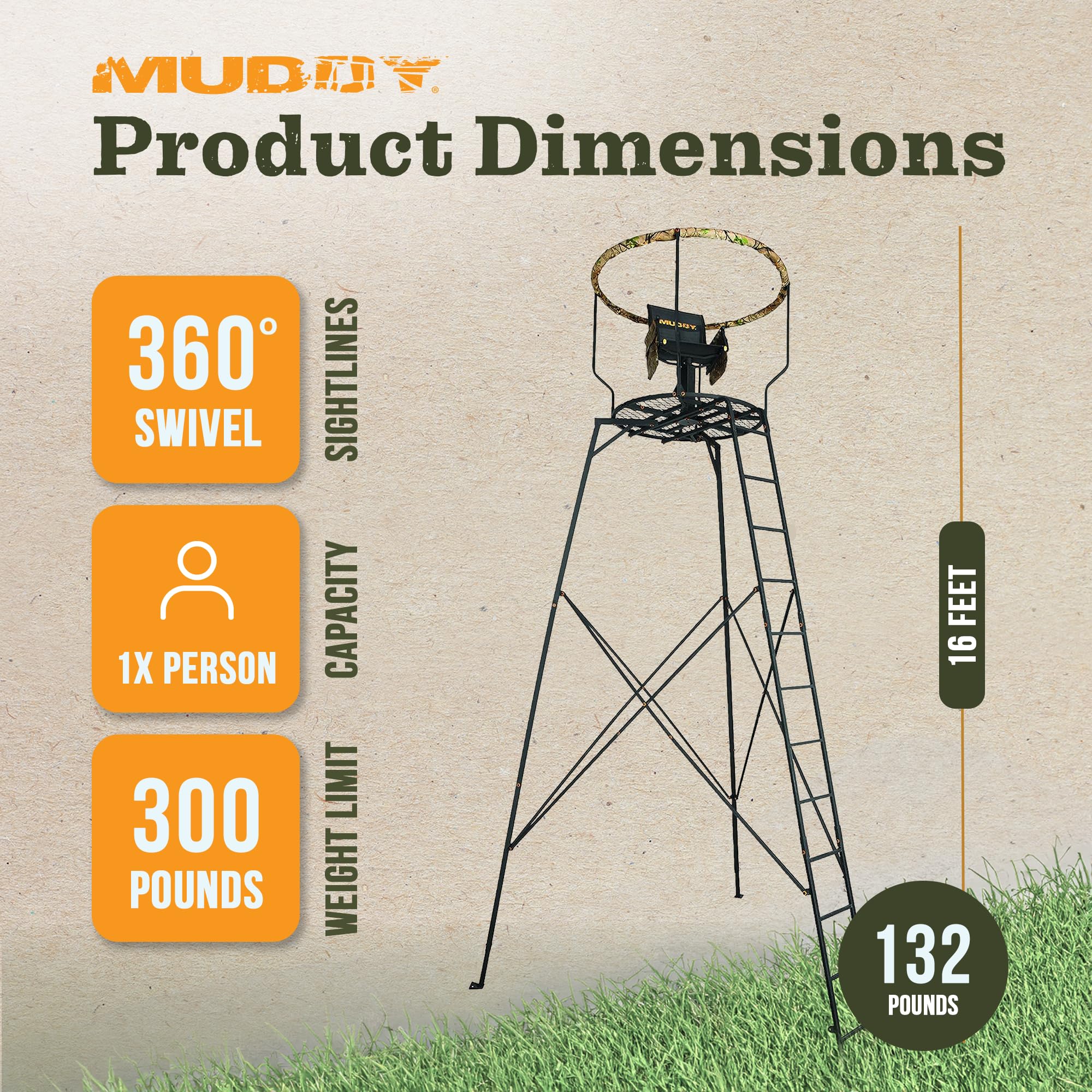 1-Person Muddy Liberty Steel Tripod Hunting Stand, 16 ft Tall, 300 lb Capacity - Heavy-Duty with Flex-Tex 360 Swivel Seat, Extra-Wide Shooting Rail, Adjustable Legs and Detachable Gear Bags