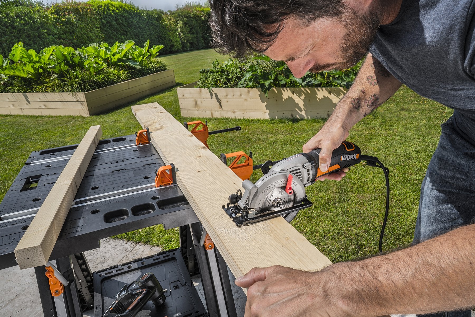 Worx 2-in-1 Pegasus Folding Work Table & Sawhorse, Easy Setup Portable Workbench, 31" W x 25" D x 32" H Lightweight Worktable with Heavy-Duty Load Capacity, WX051 - Includes 2 Clamps & 4 Clamp Dogs