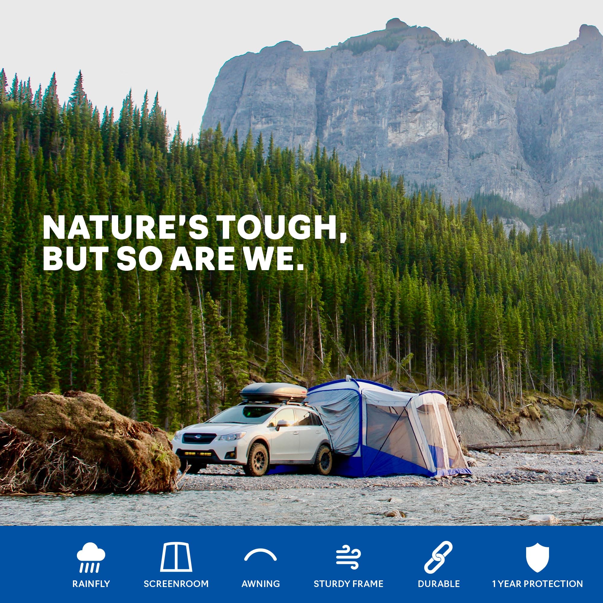 Sportz Napier SUV Tent with Screen Room | 10'x10' Vehicle Camping Tent with 7'x6' Screen Room and Awning | Fits All CUVs, SUVs, Minivans | Sleeps 6 Adults | Blue/Gray | Model 84000