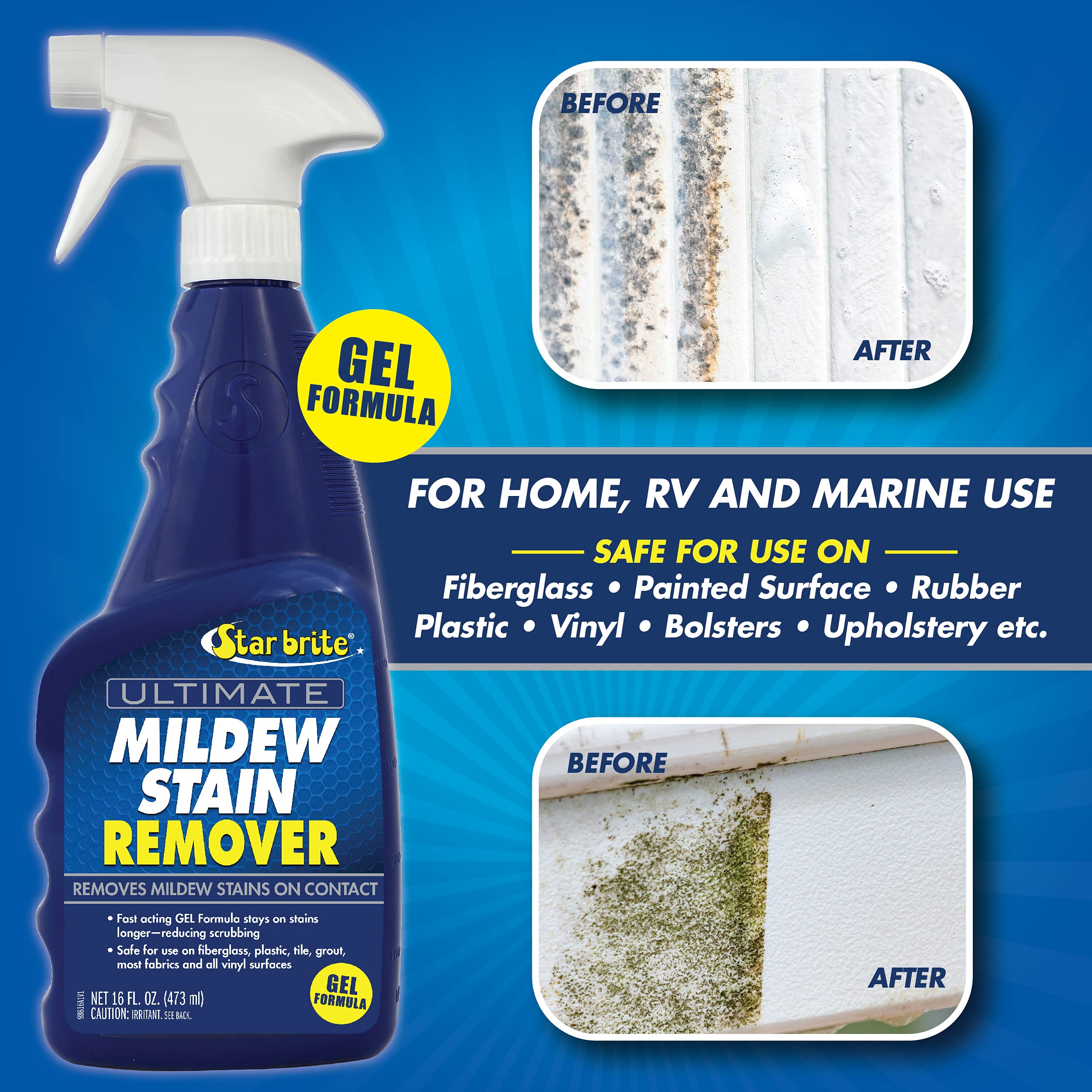 Ultimate STAR BRITE Mildew Stain Remover - Fast Acting Gel Spray Formula Stays On Stains Longer To Reduce Scrubbing 16 OZ (098616)