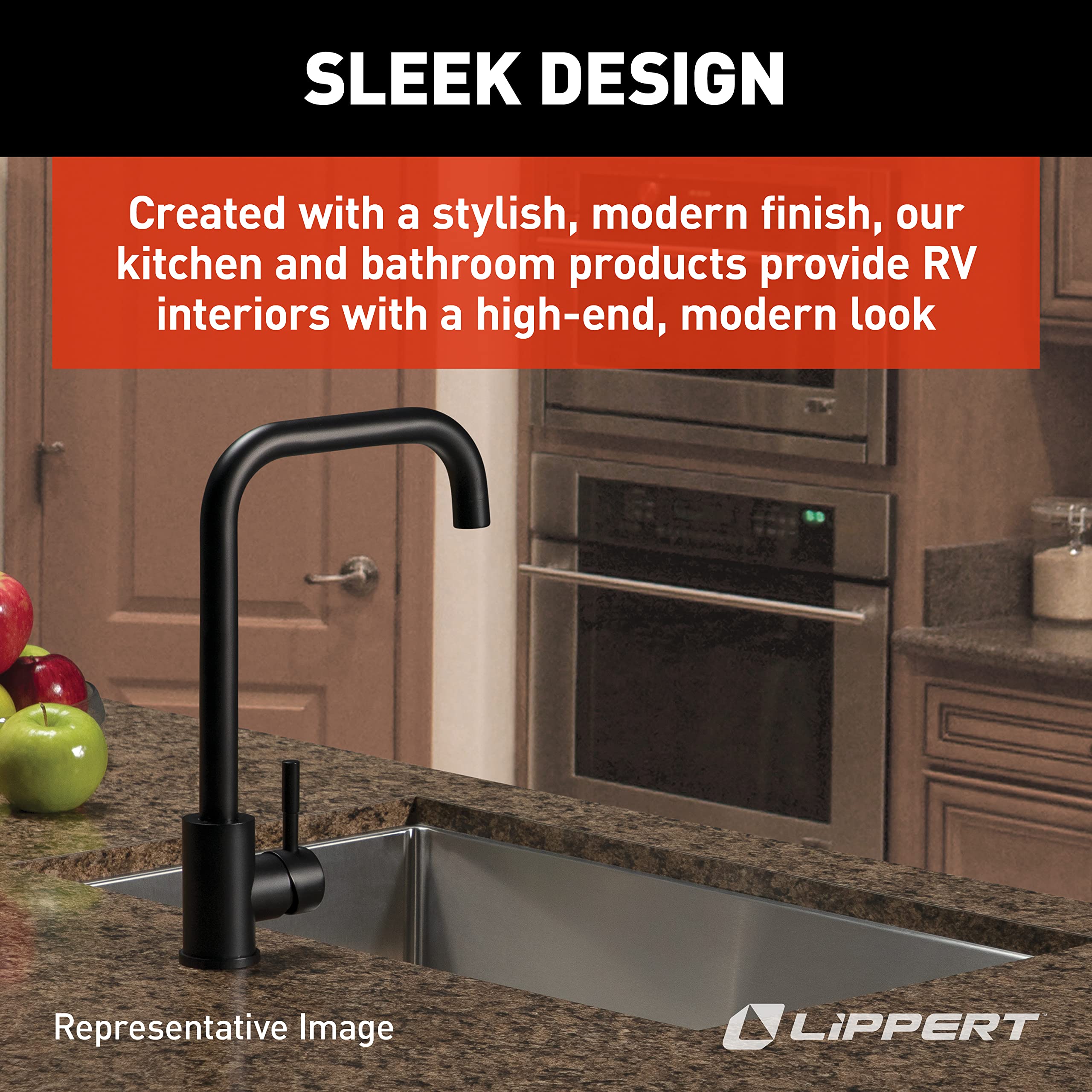 Lippert Square Gooseneck Kitchen Faucet for RVs and Residential, Black Flow Max