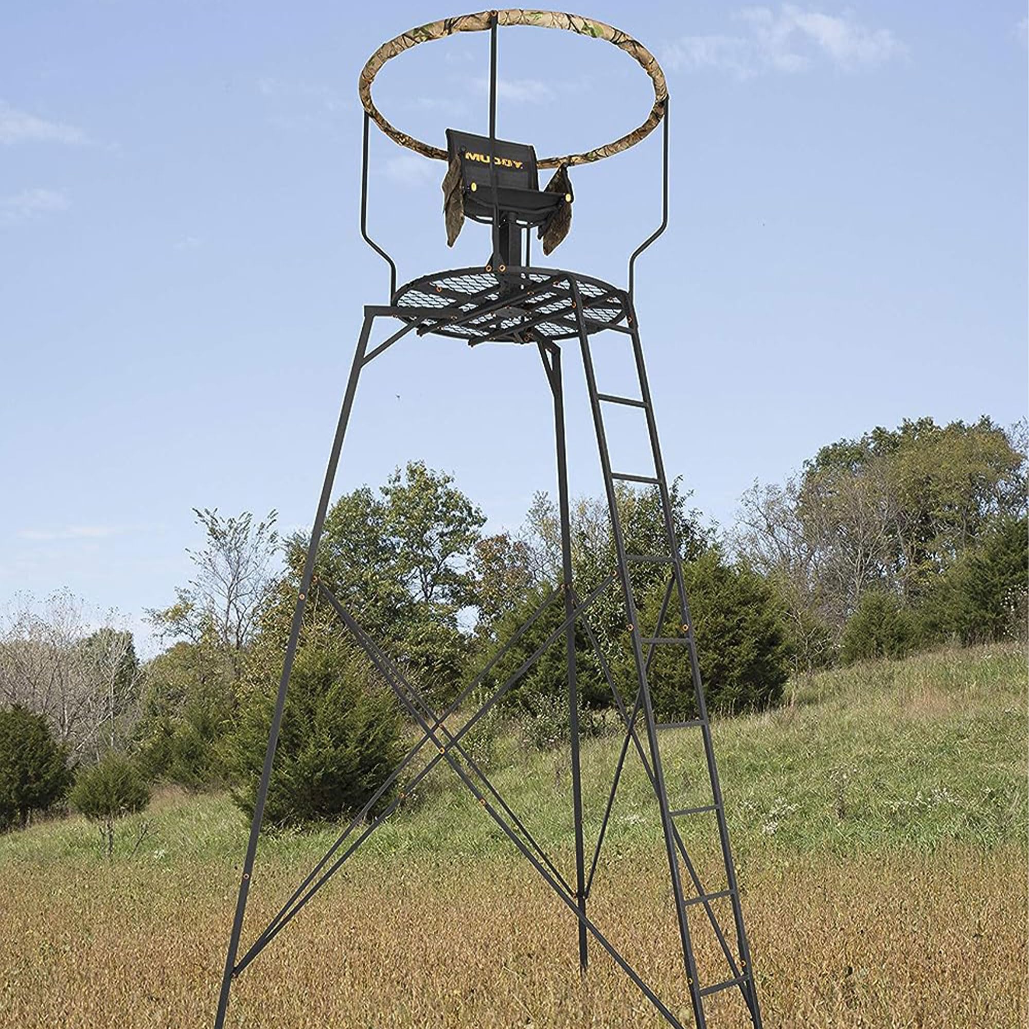 1-Person Muddy Liberty Steel Tripod Hunting Stand, 16 ft Tall, 300 lb Capacity - Heavy-Duty with Flex-Tex 360 Swivel Seat, Extra-Wide Shooting Rail, Adjustable Legs and Detachable Gear Bags