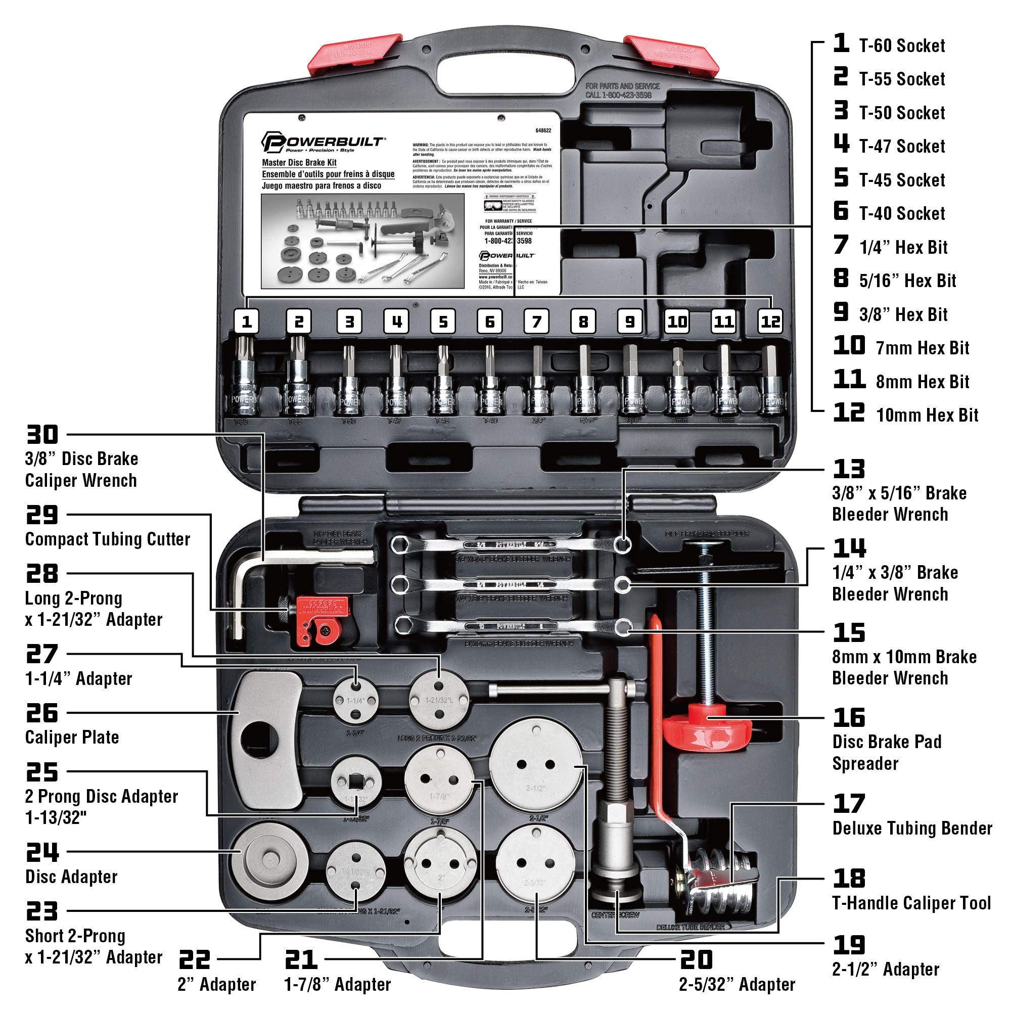 Powerbuilt Master Brake Disc Service Set, Vehicle Brake Caliper Wind Back Tool for Cars, Trucks, Piston Compression 30 Piece -648622