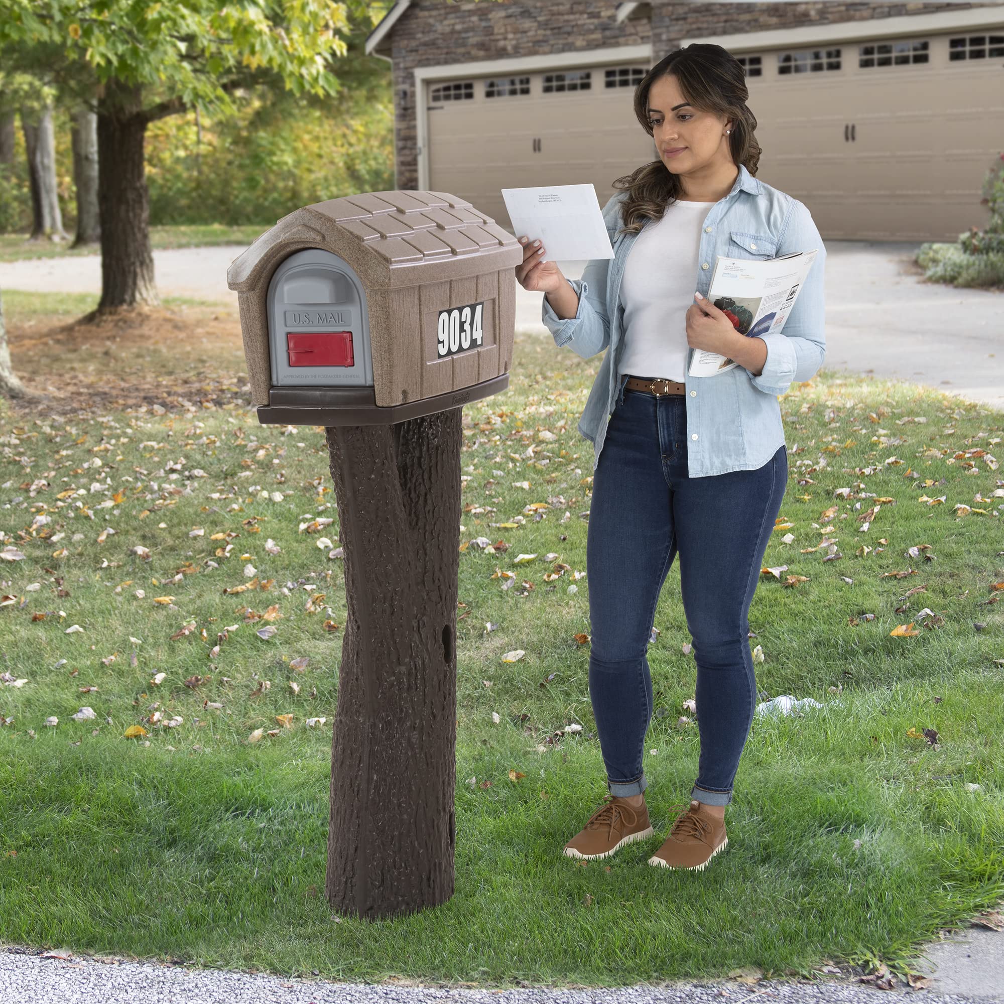 Simplay3 Cabin Rustic Home Plastic Residential Mailbox & Post Mount Combo Kit with 2 Access Doors - Sandstone, Made in USA