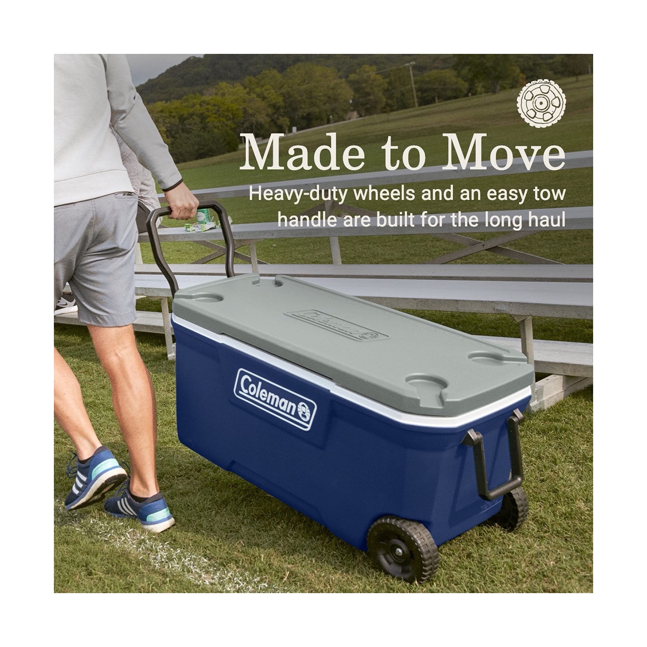 Coleman Insulated Classic Series Portable Rolling Cooler with Wheels, Leak-Resistant Outdoor Hard Cooler Keeps Ice up to 5 Days, 100-Quart