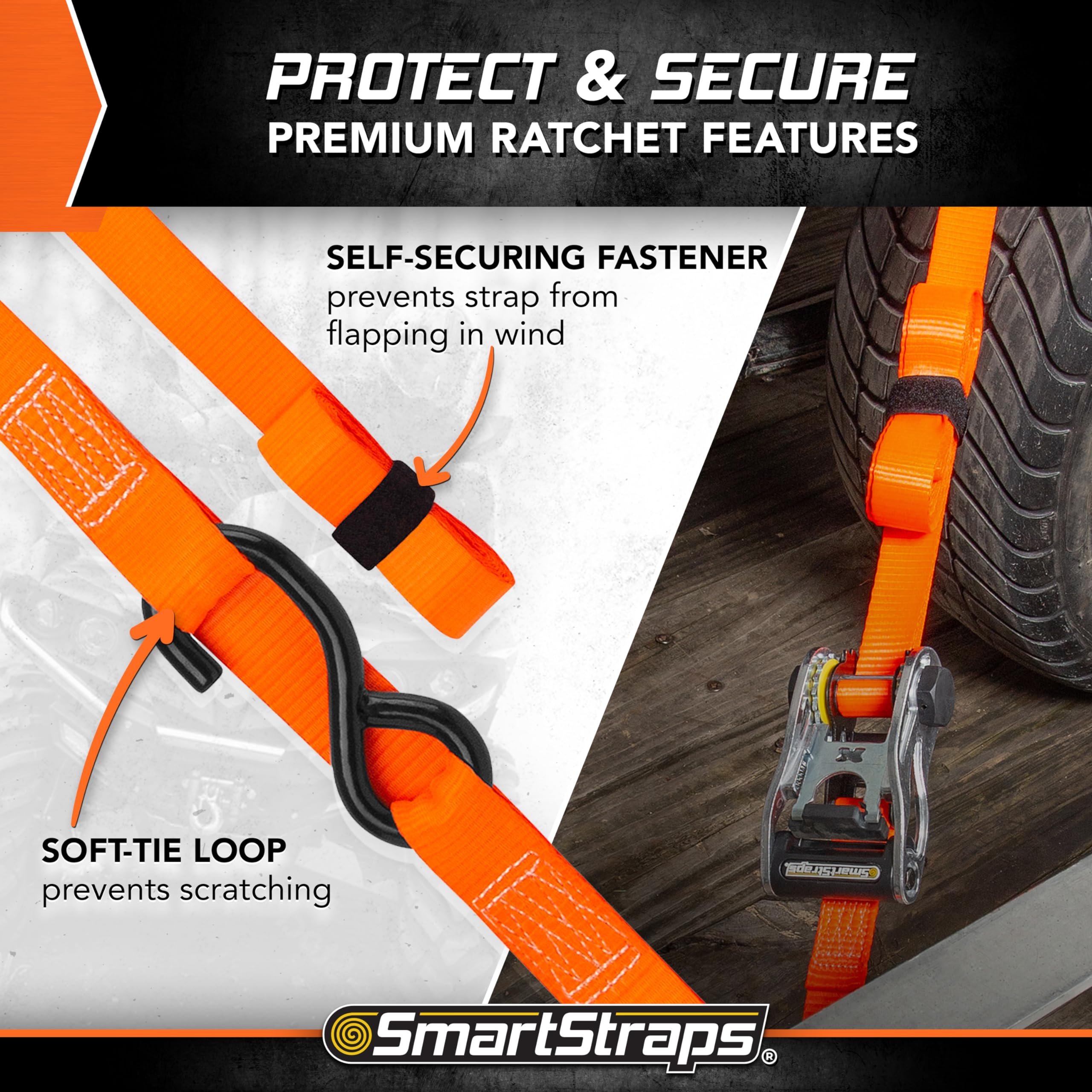 SmartStraps WINSTON PROD 14’ Premium Ratchet Straps, 4 Pack – 3,000lbs Break Strength, 1,000lbs Safe Work Load – Haul Heavy-Duty Loads Such As Boats and Appliances