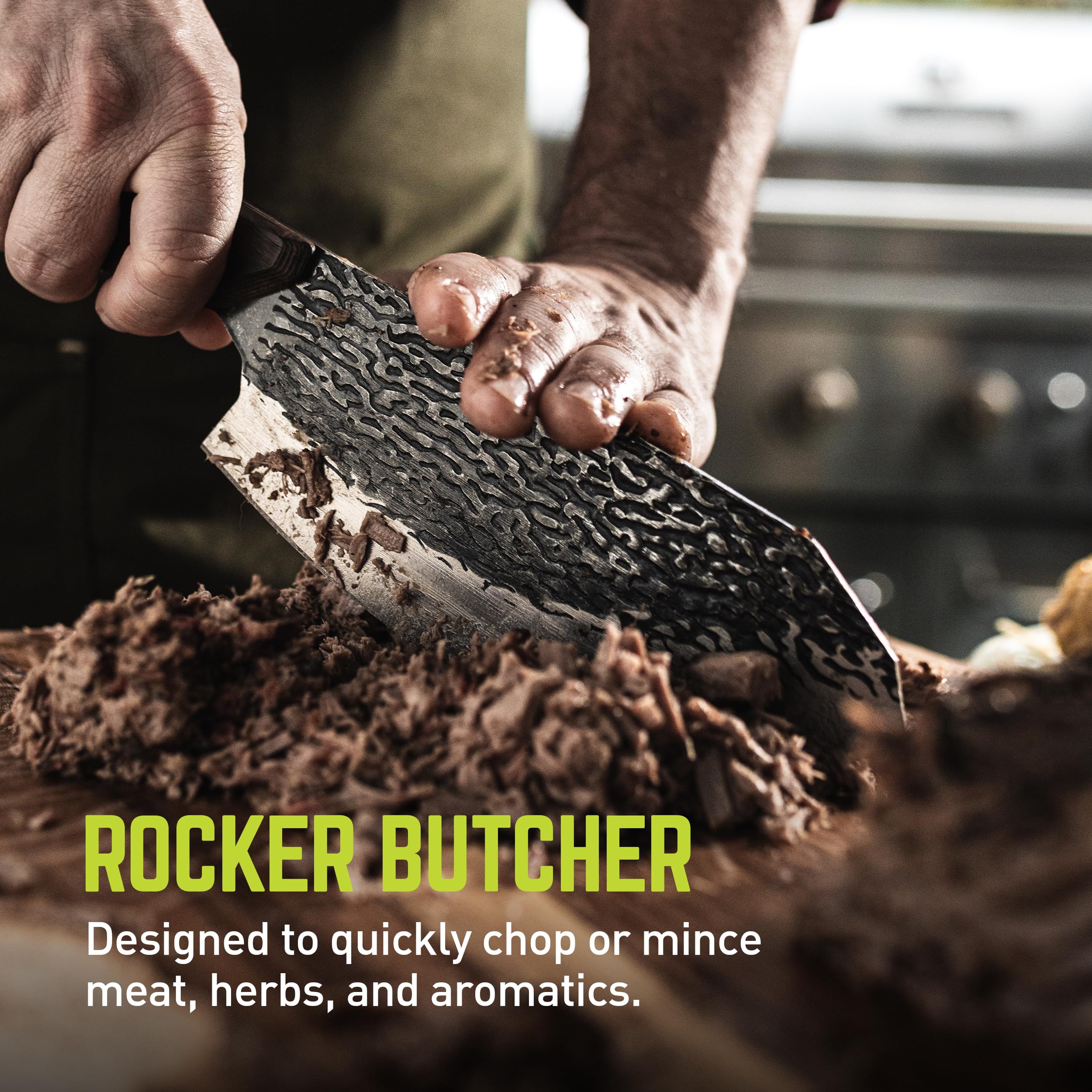 PrimalForge TRUE Butcher Knife | Chop & Mince Aromatics Herbs & Meat, Home & Professional Use, Sharp 5Cr15MoV Stainless Steel Blade, Wood Handle, Water-Resistant, Hand Forged Appearance