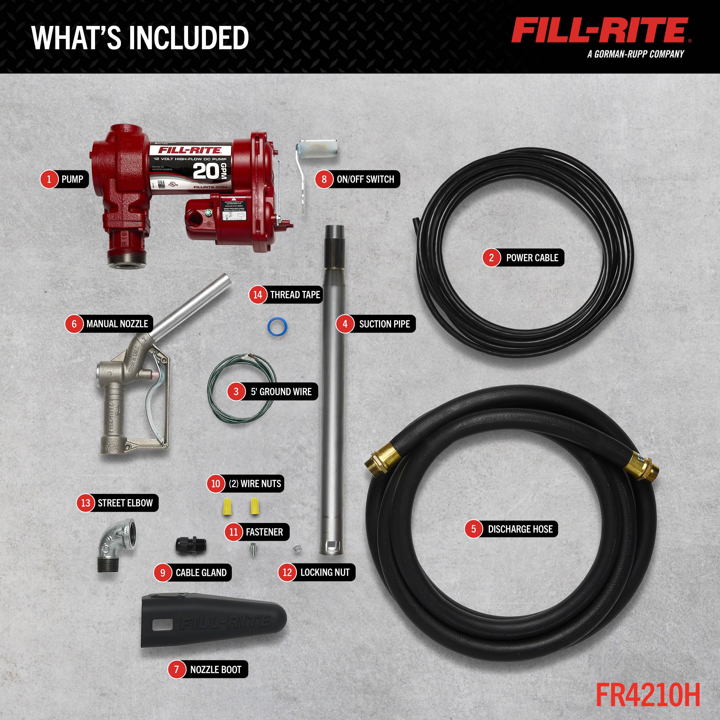 12V Fill-Rite FR4210H 20 GPM Fuel Transfer Pump with Discharge Hose & Manual Nozzle | Gasoline, Diesel, Kerosene, Ethanol & Methanol Blends & Biodiesel
