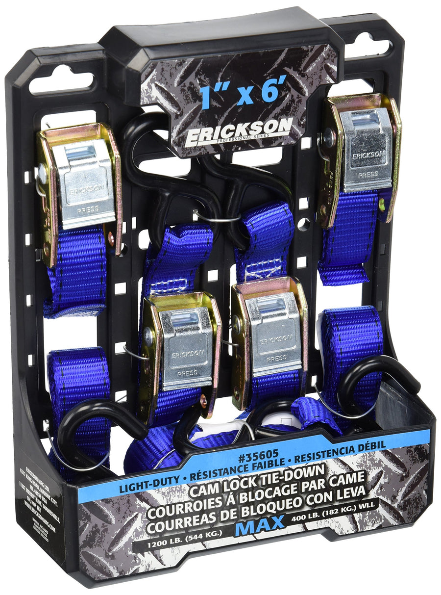 Light Duty Erickson Cam Lock Tie-Down Strap, 4 Pack (1" x 6', 1200 lb Load Capacity)