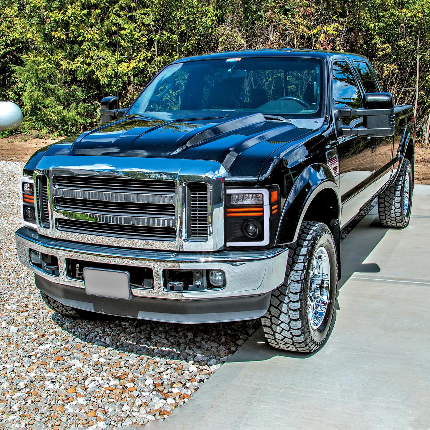 Black SPEC-D TUNING Projector Headlights with Sequential LED Turn Signal Light Strips Compatible with 2008-2010 Ford F-250, F-350, F-450, F-550 Super Duty, Left + Right Pair Headlamps Assembly