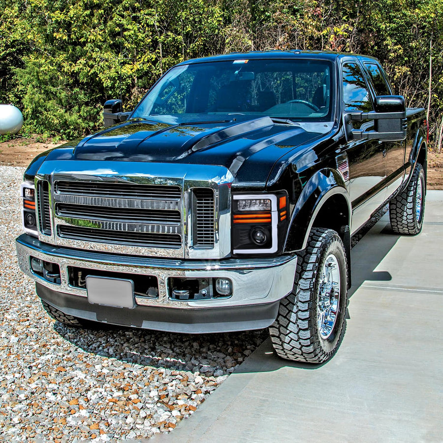 Black SPEC-D TUNING Projector Headlights with Sequential LED Turn Signal Light Strips Compatible with 2008-2010 Ford F-250, F-350, F-450, F-550 Super Duty, Left + Right Pair Headlamps Assembly