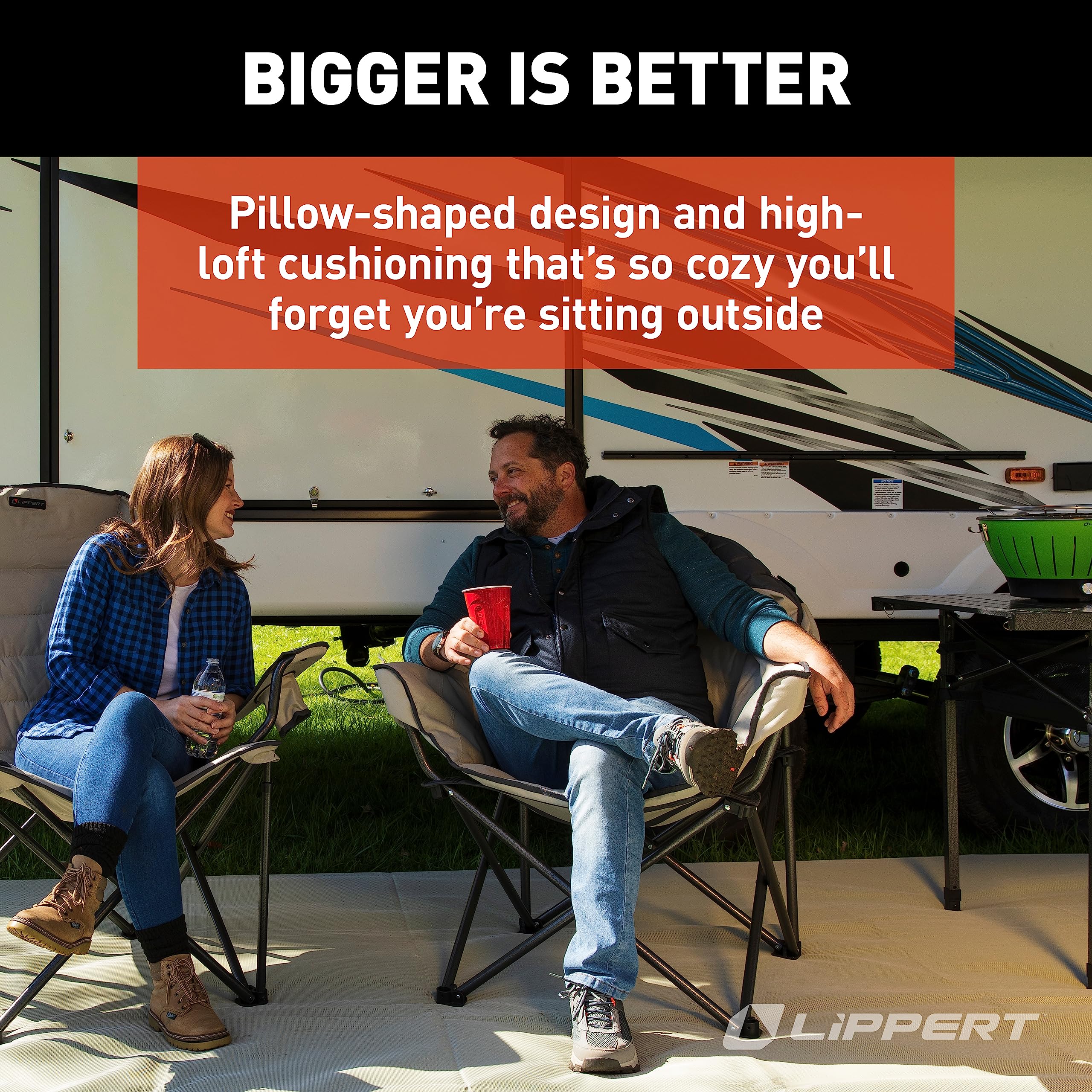 Lippert Duotone Big Bear Camping Chair - Sand with Dark Grey Accent, Comfortable Round Shape, Oversized Pillow Cushions, Powder Coated Steel, 600D Polyester Fabric, 300 lb. Capacity, 2022114816