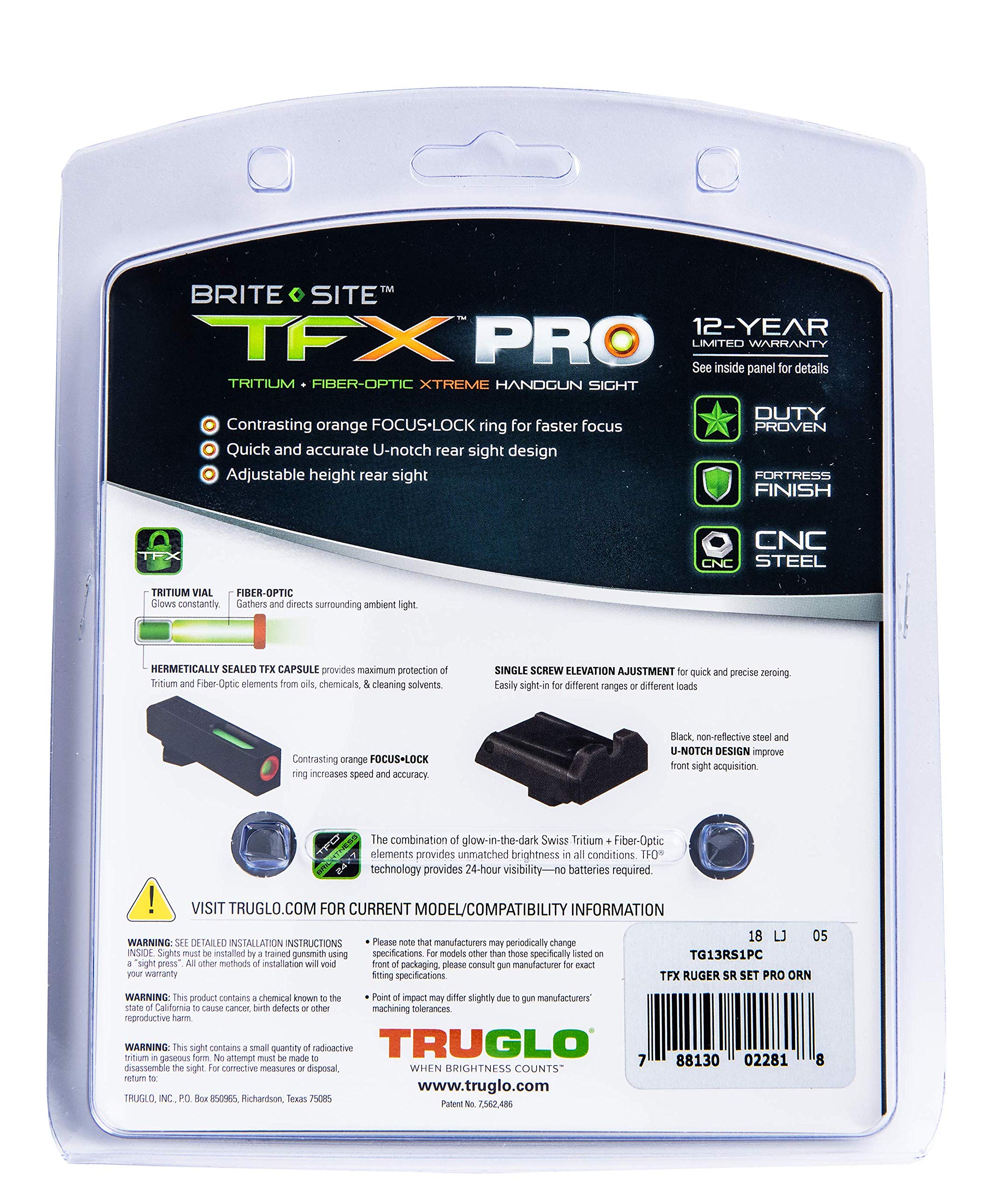 Tritium and Fiber Optic Xtreme Handgun Sights for Ruger Pistols, TRUGLO TFX Pro Black