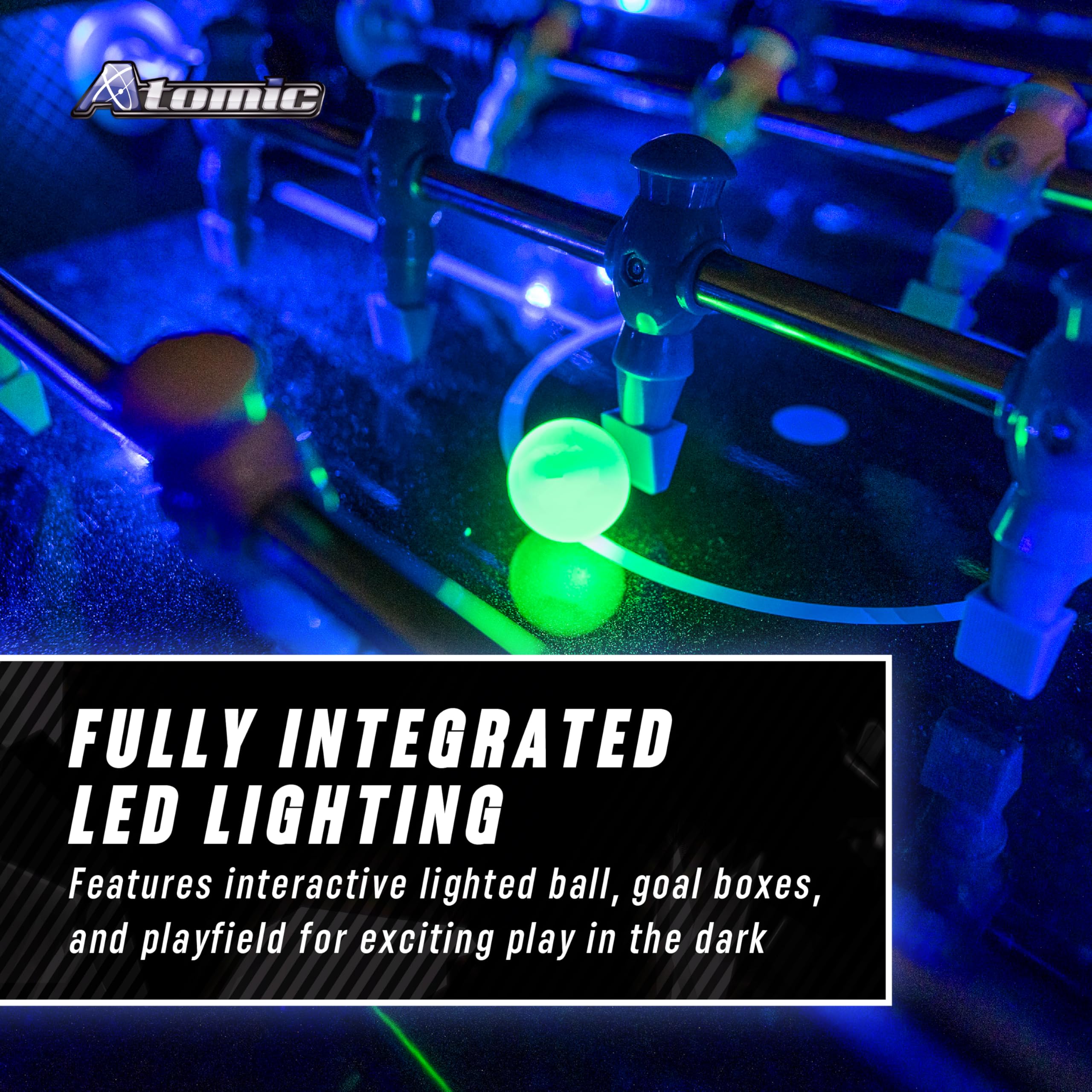 Azure Atomic LED Foosball Table – Light Up Arcade-Style Game with Interactive Inrail LED Lighting, Cascading Effects, Music, Electronic Scoring, 47” x 27” Durable Playfield