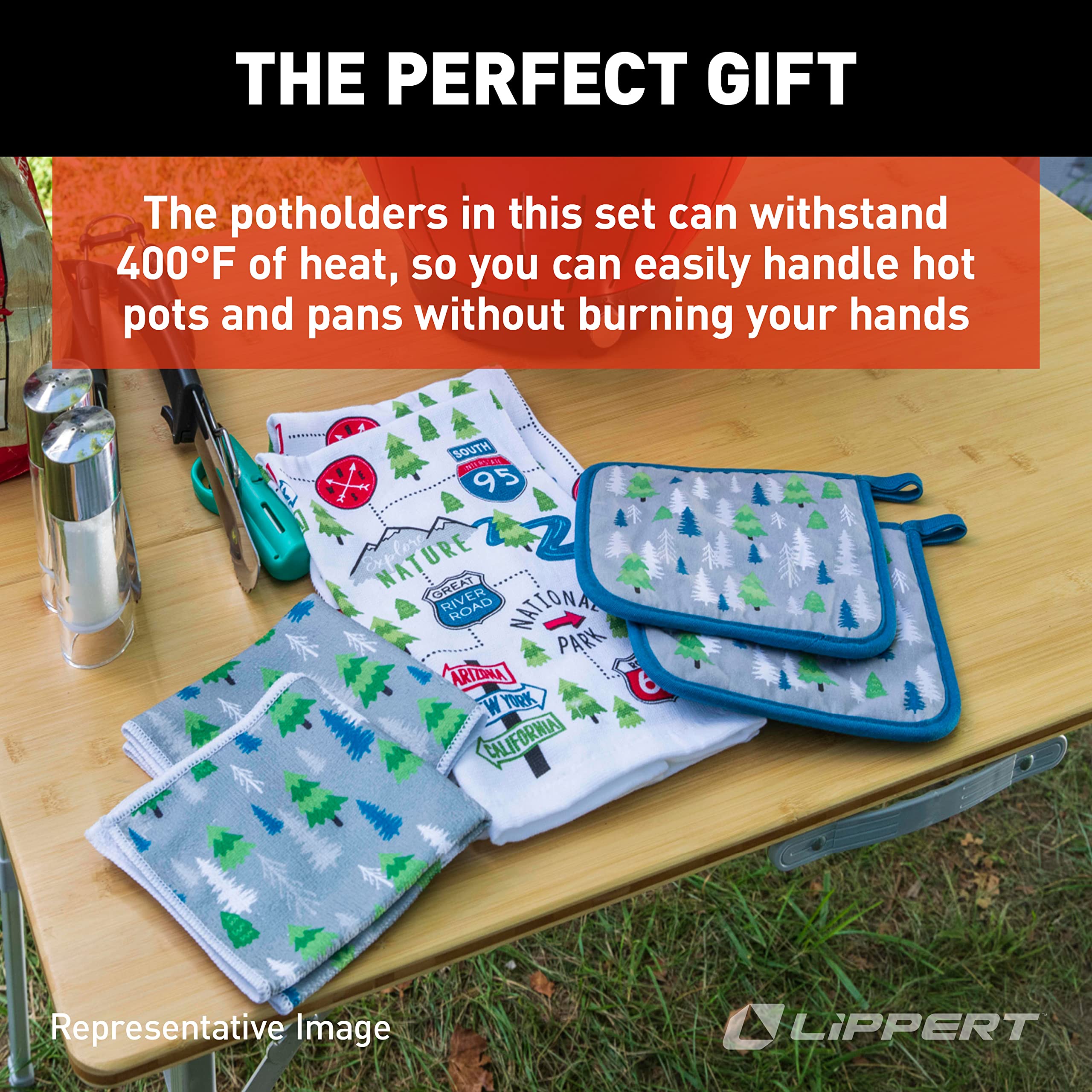Lippert™ RV Kitchen Towel & Potholder Set, 6 Pieces, Unique Road Sign Design – Two Kitchen Towels, Two Dish Cloths and Two Potholders Rated up to 400°F – Machine Washable – 2022107828