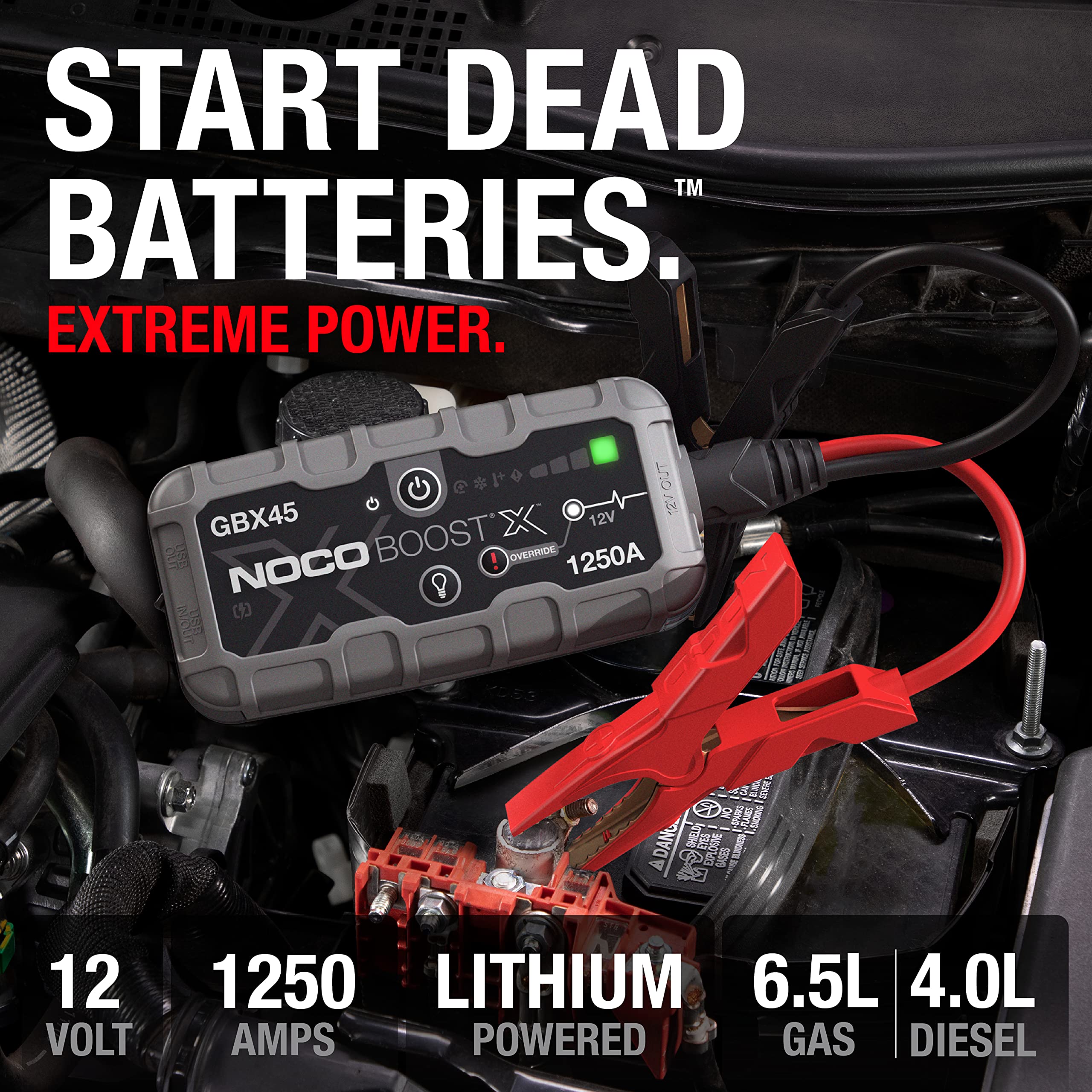 NOCO Boost GBX45 X: 1250A UltraSafe Jump Starter – 12V Lithium Battery Booster Pack, Portable Jump Box, Power Bank & Jumper Cables - for 6.5L Gas and 4.0L Diesel Engines