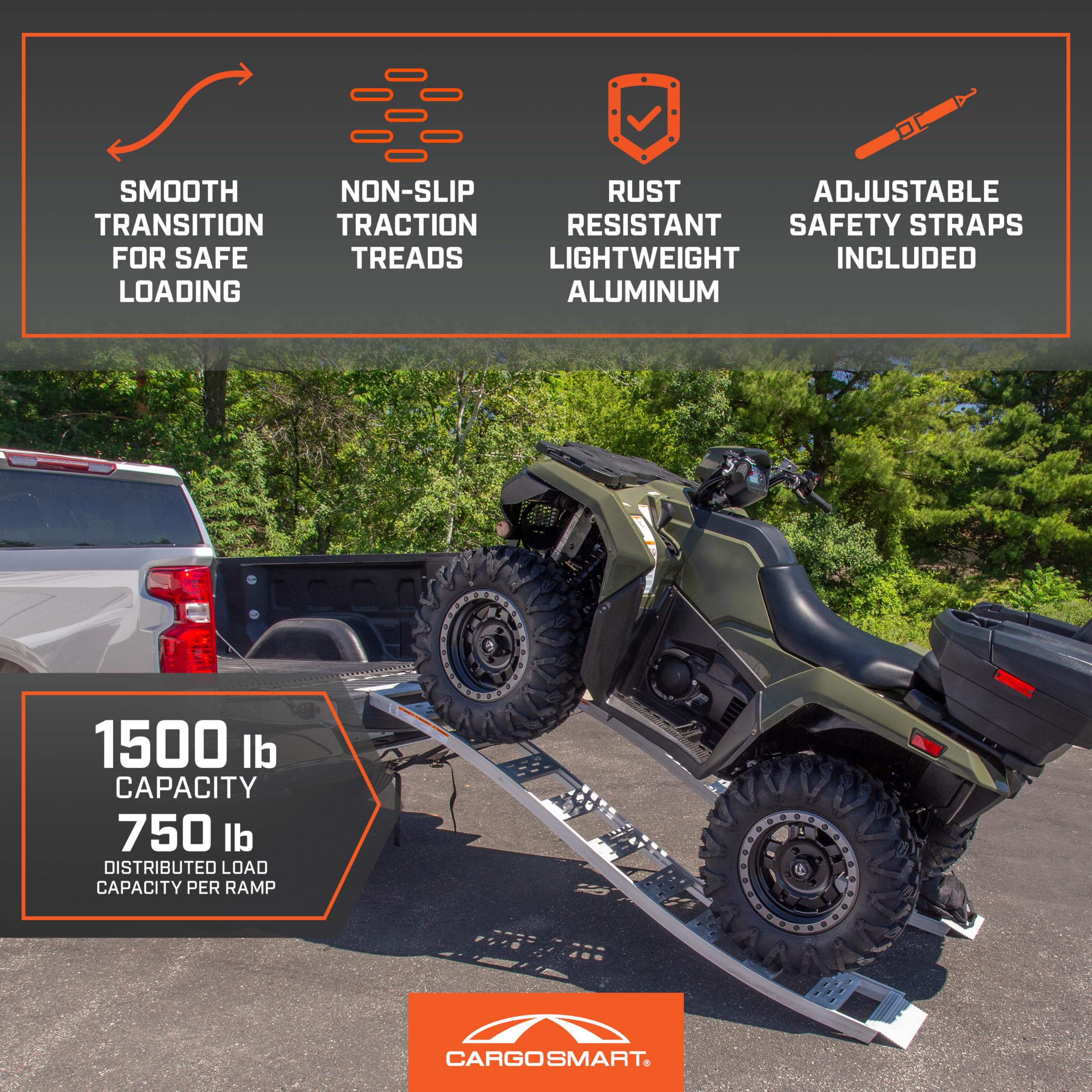 CargoSmart Fixed Aluminum S-Curve Ramp with Treads (2pk) – Easily and Safely Load and Unload Your Light Equipment, Lawn Tractors, ATVs and More, 1,500 lb. Capacity, 12” W x 90” L
