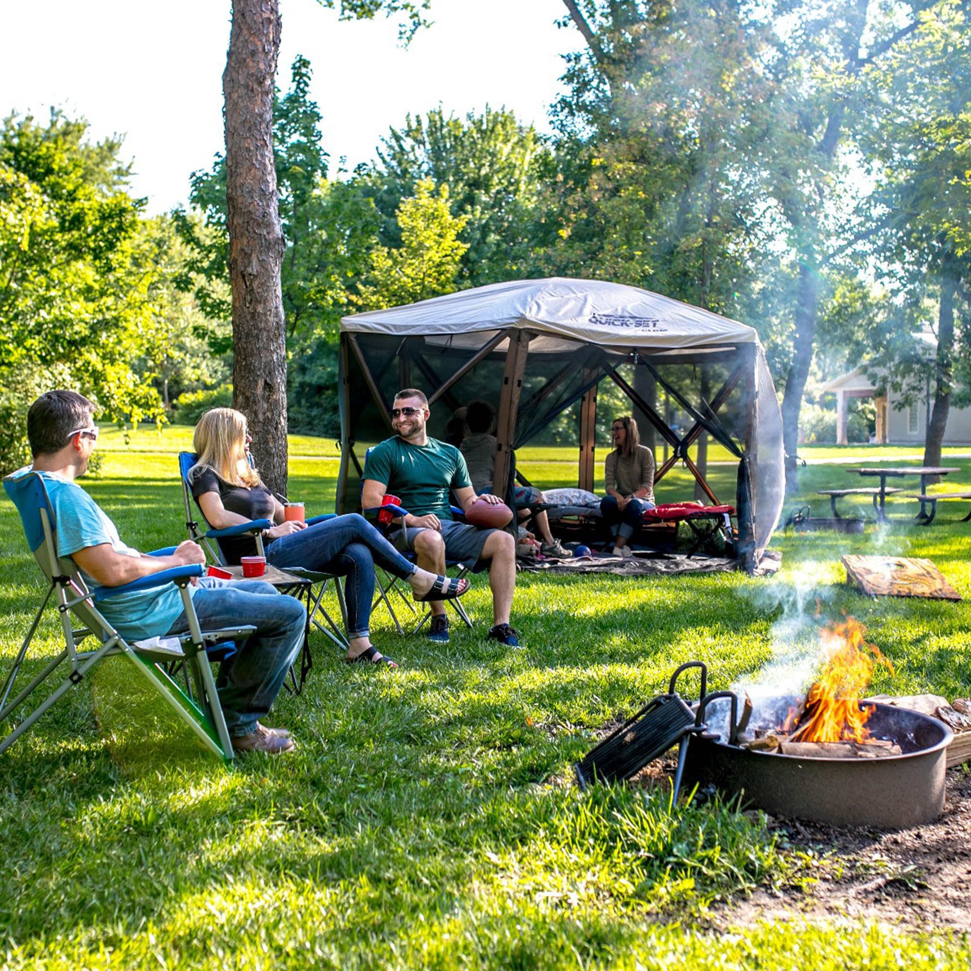 Quick-Set CLAM Escape Sky Camper 11.5’ x 11.5’ Pop-Up Outdoor Gazebo Instant Screen Tent 6-Sided Canopy Shelter w/Ground Stakes & Carry Bag, Brown