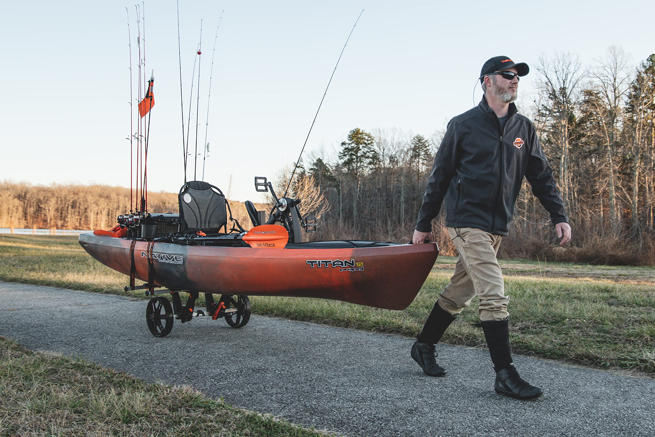 YakAttack BarCart TowNStow | Universal Kayak Dolly Cart with Adjustable Bunk Pads | Fold to Fit in-Hull | Heavy Duty Wheels for Rough Terrain | Tool-Free Setup | Transport Carrier for Canoes & SUPs
