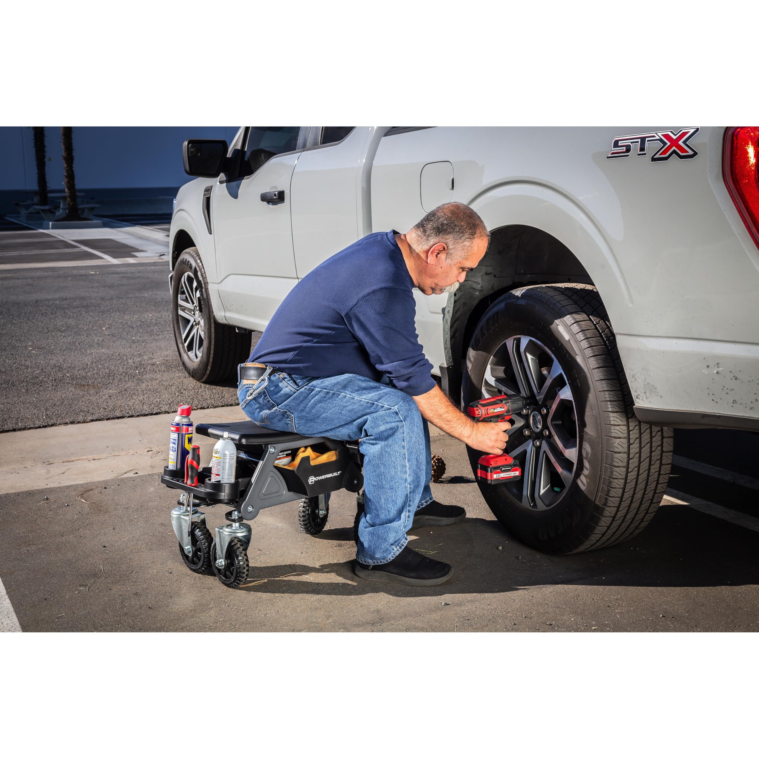 Powerbuilt Rolling Seat Big Wheel, Off-Road Series, Locked in Tool Trays, Heavy-Duty Wheels for Gravel and Rocks - Grey 642965ECE