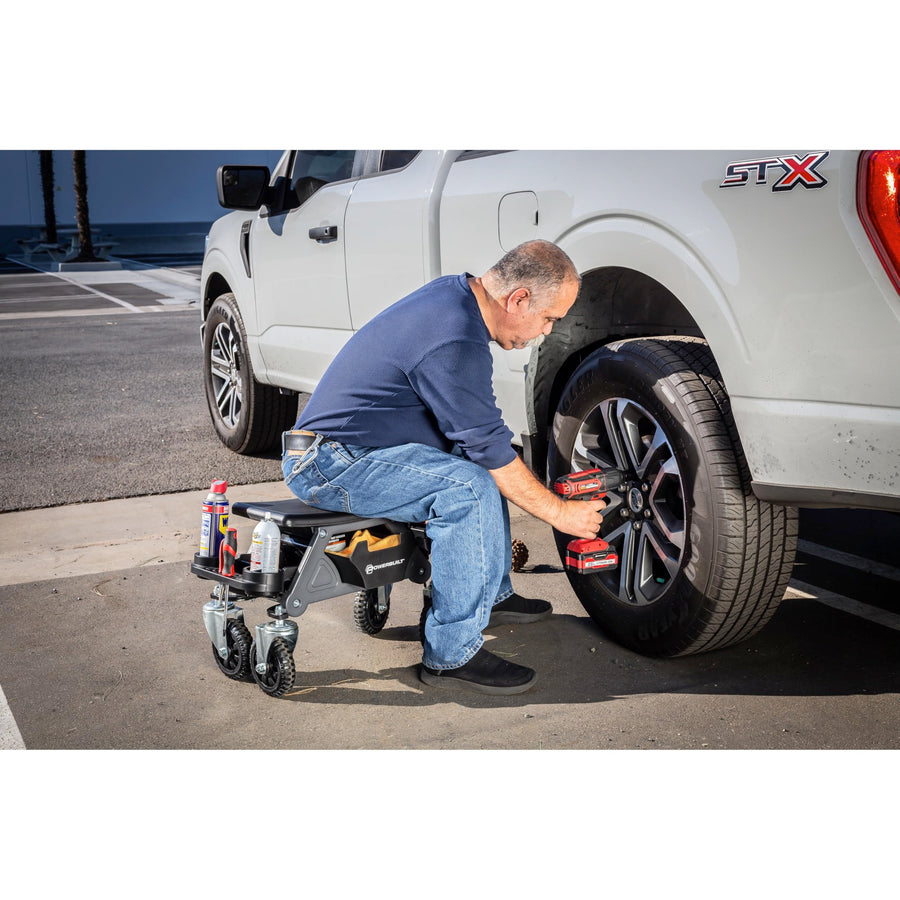 Powerbuilt Rolling Seat Big Wheel, Off-Road Series, Locked in Tool Trays, Heavy-Duty Wheels for Gravel and Rocks - Grey 642965ECE