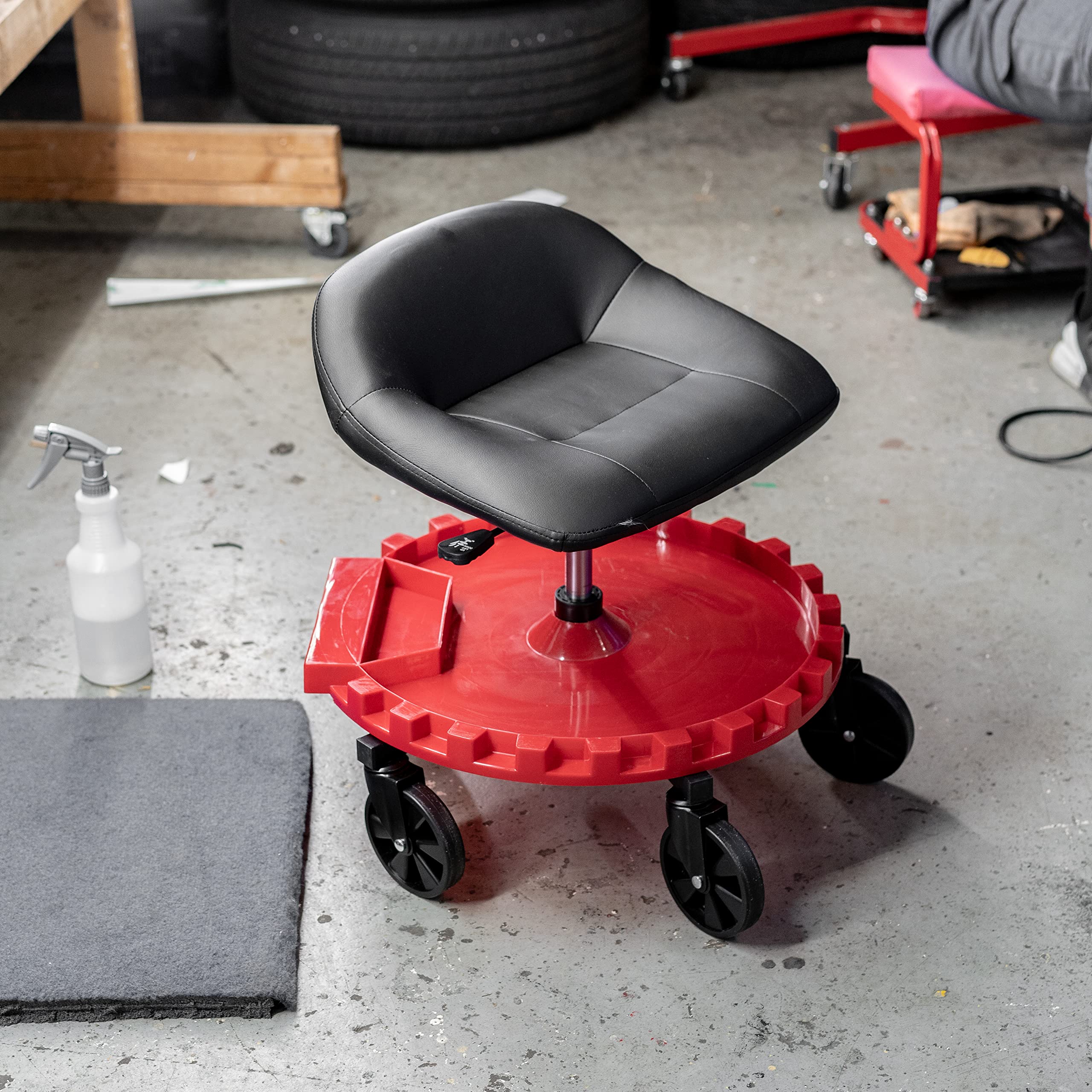 Monster Traxion 2-230 Rolling Padded Mechanic Stool Seat Garage Shop Roller Work Chair with Wheels and Tool Tray, Heavy-Duty 400-lb Capacity, All-Terrain 5" Casters, Black Red