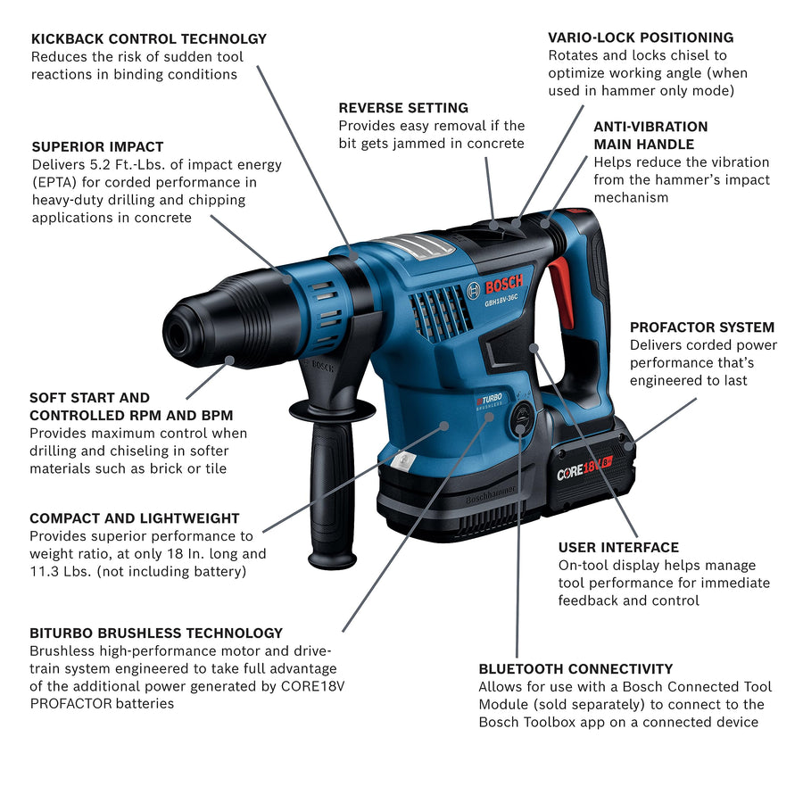 Bosch GBH18V-36CK24 18V PROFACTOR™ Connected-Ready SDS-max® 1-9/16 In. Rotary Hammer Kit with (2) CORE18V® 8 Ah High Power Batteries