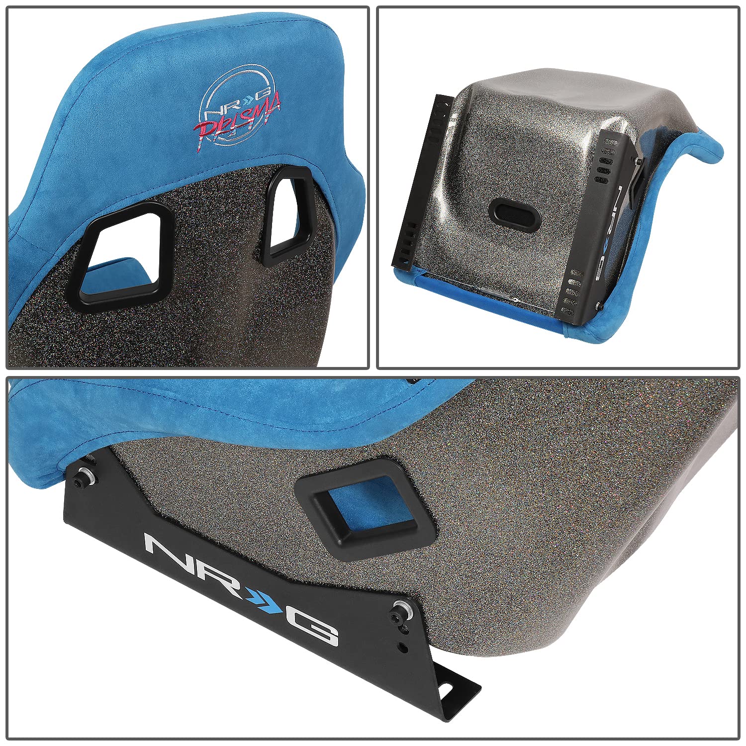 NRG Innovations Universal Prisma Ultra NRG-FRP-303BL-ULTRA Fixed Back Bucket Racing Seat for 6-Point Harnesses,Size M,Blue/Gold Glitter,22" W X 34" H X 21" D