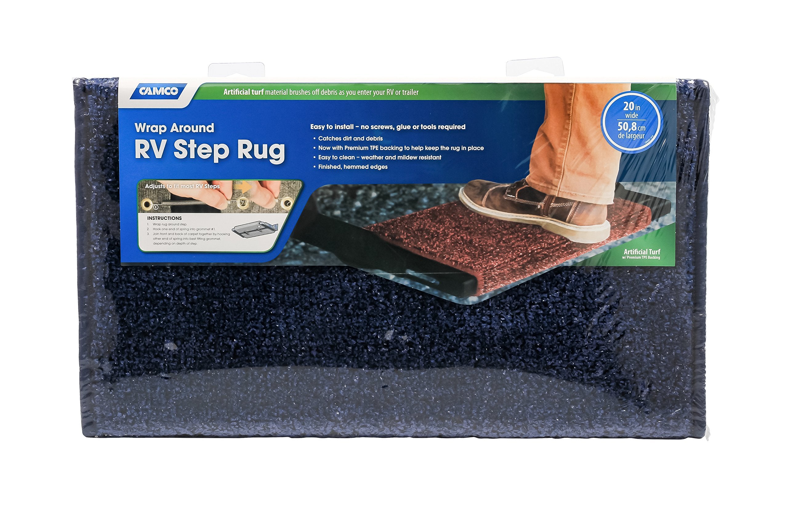 RV Step Camco Rug 42937 (Premium Wrap Around, Turf Material (22" x 20") - Blue)