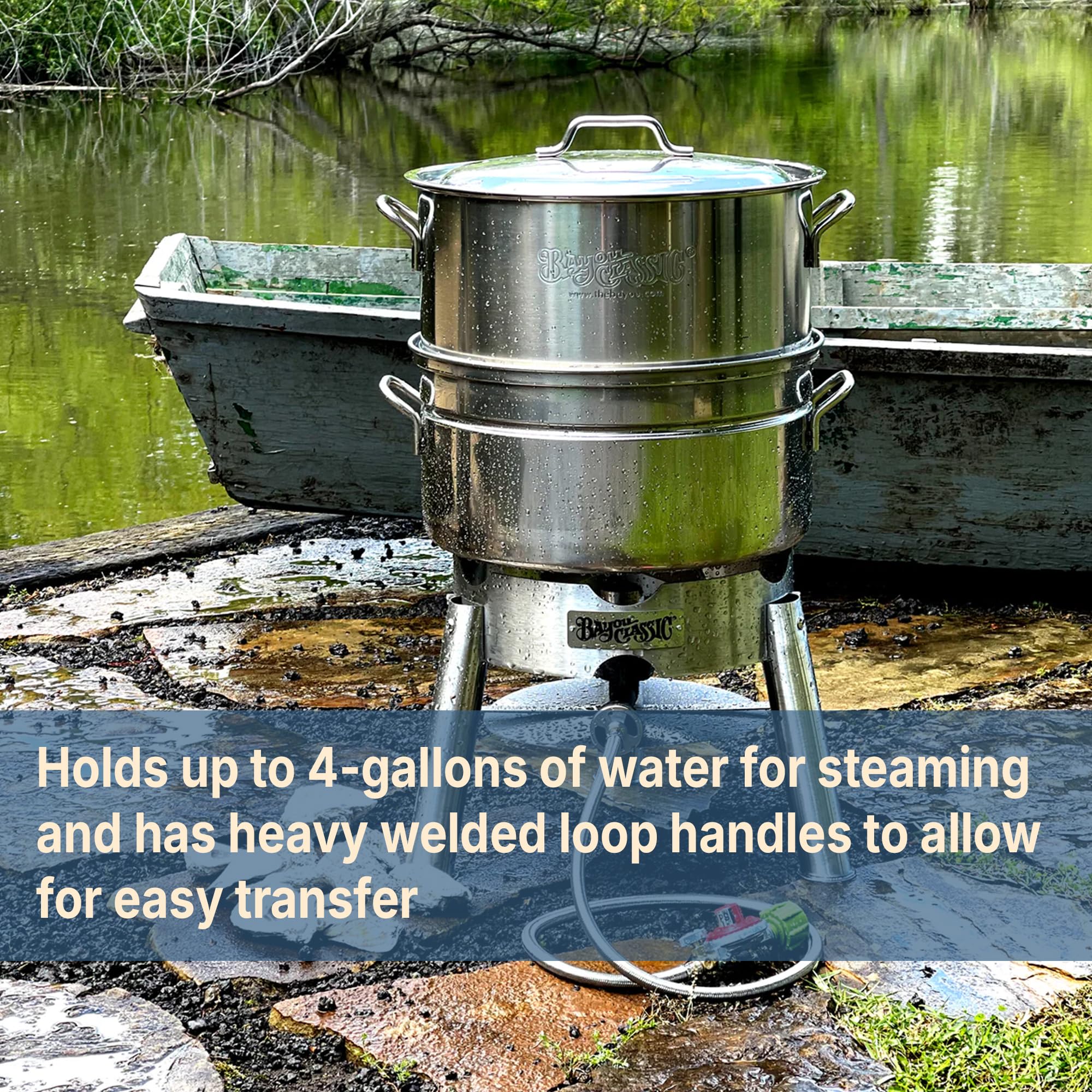 Bayou Classic KDS-151 Steamer Kit Stainless Features Heavy Welded Loop Handles 4-in Cast Aluminum Burner 10-psi Regulator w/ 48-in Hose Perfect For Steaming Up To A Half Bushel of Seafood
