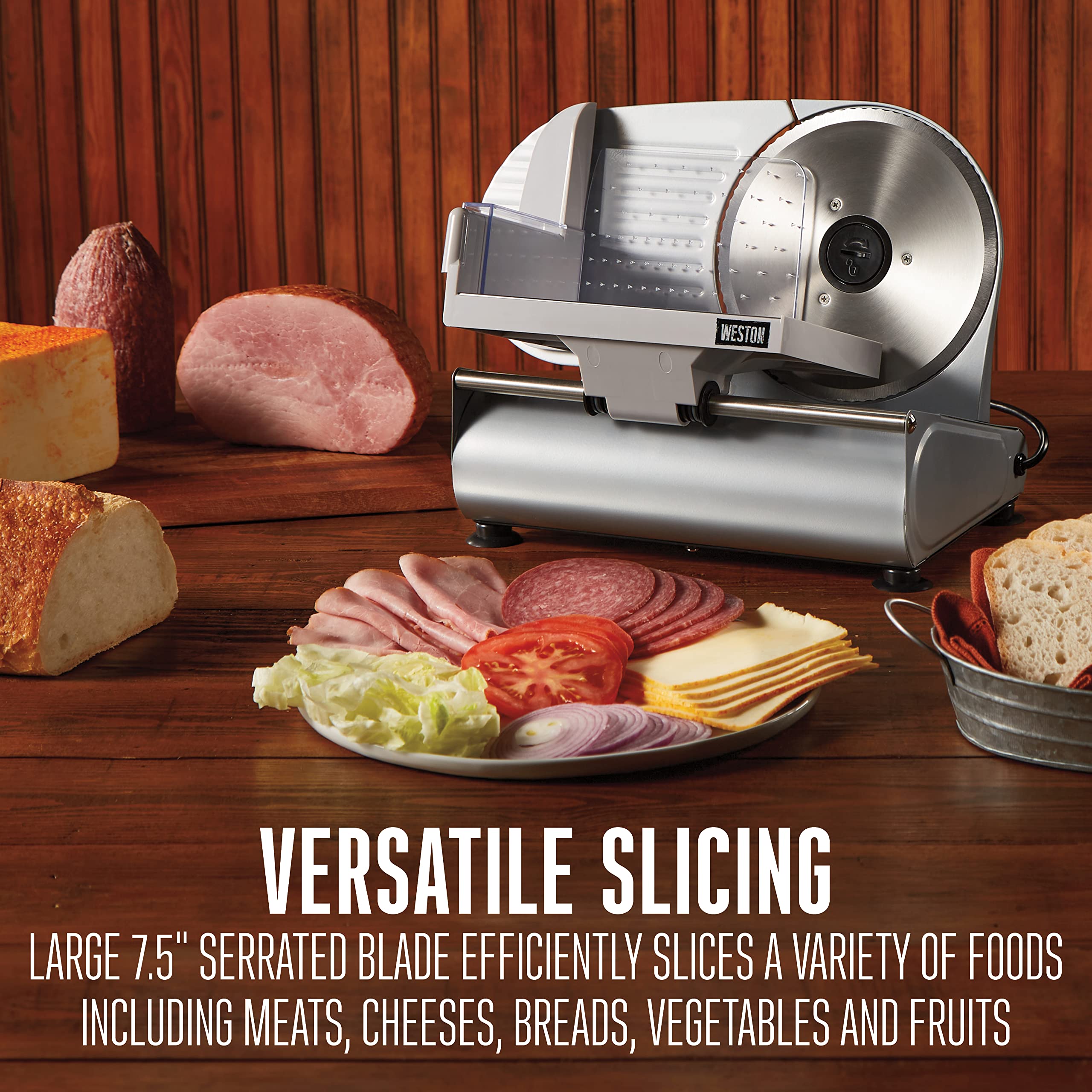 Weston Deli & Food Slicer Electric Meat Cutting Machine, Adjustable Slice Thickness, Non-Slip Suction Feet, Removable 7.5" Stainless Steel Blade, Easy to Clean (61-0750-W)