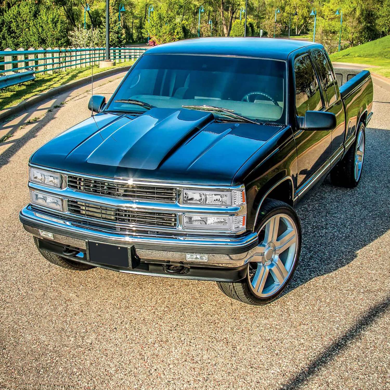 Chrome Headlights SPEC-D TUNING w/LED Bar Compatible with 1988-1998 GMC Sierra, Chevy C10, Silverado, and C/K 1500/2500/3500. 1994-1999 C/K 1500/2500 Suburban