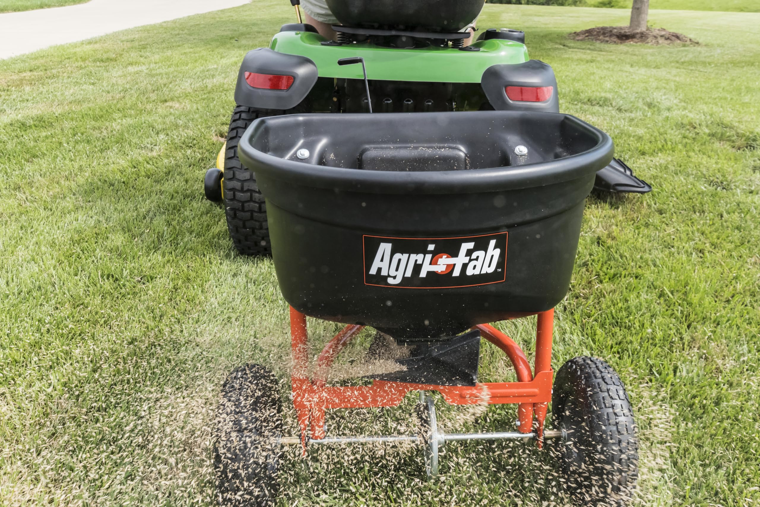 Tow-Behind Agri-Fab 45-0527 110 lb. Lawn & Garden Broadcast Spreader for Seed,Fertilizer,Salt,Ice Melt; Easy to use Flow Control from Seat of Riding Lawn Mower