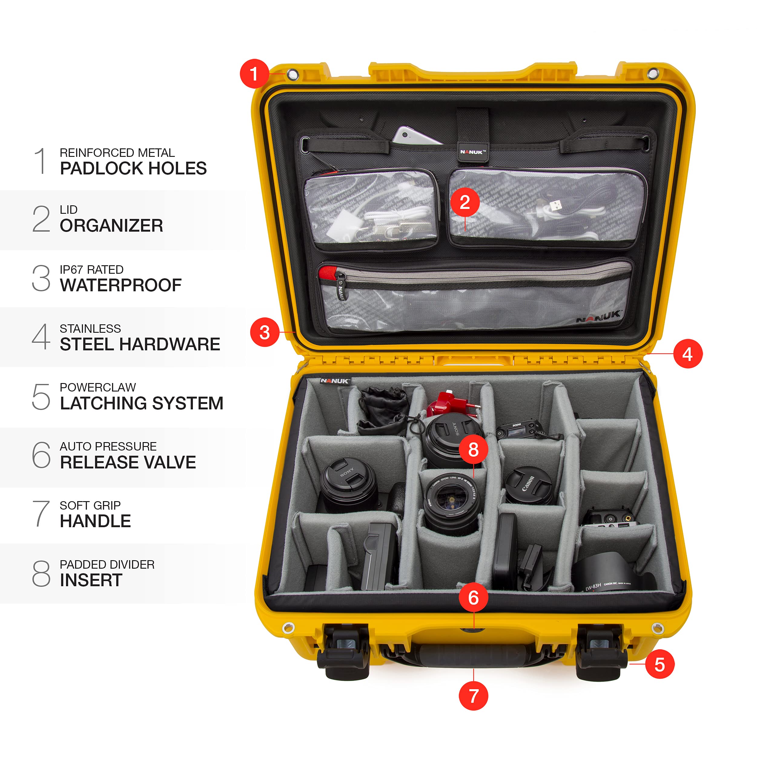 Waterproof Nanuk 933 Hard Case with Lid Organizer and Padded Divider - Yellow (933-6004)