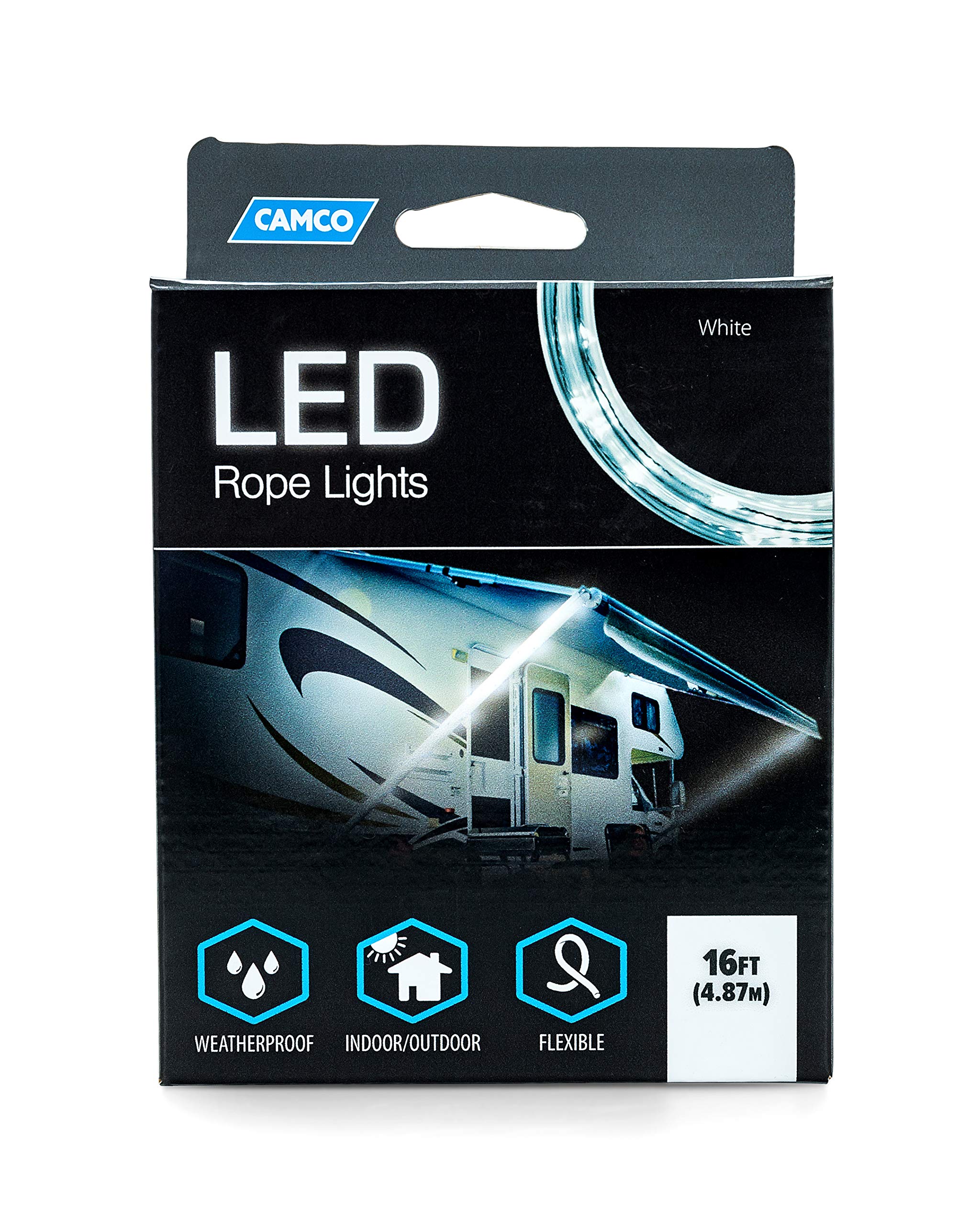Camco 16' LED Rope Light - RV and Camper Interior and Exterior Lighting for Special Occasions and Outdoor Events, Fits Into Your RV Awning Track (53100), White