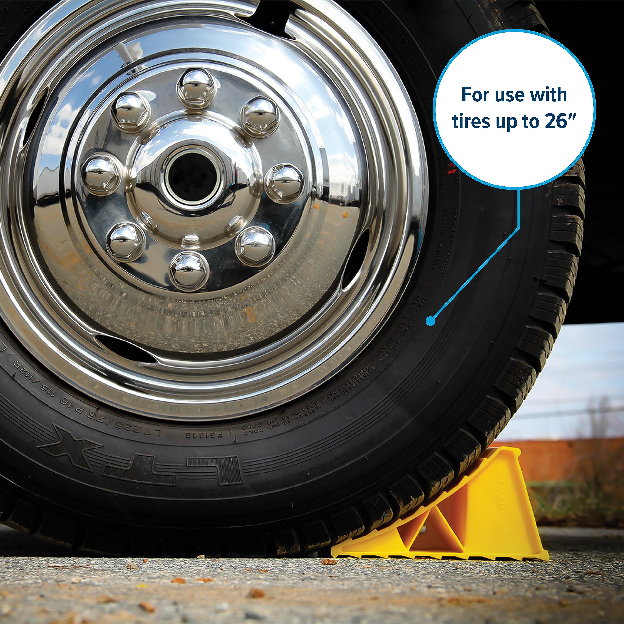Camco Wheel Chock Standard for Trailers & RVs - Heavy Duty Trailer Wheel Chock Constructed of Durable Plastic w/UV inhibitors - for Use w/Tires Up to 26-inches - Re-Hitch in Confidence - 44412