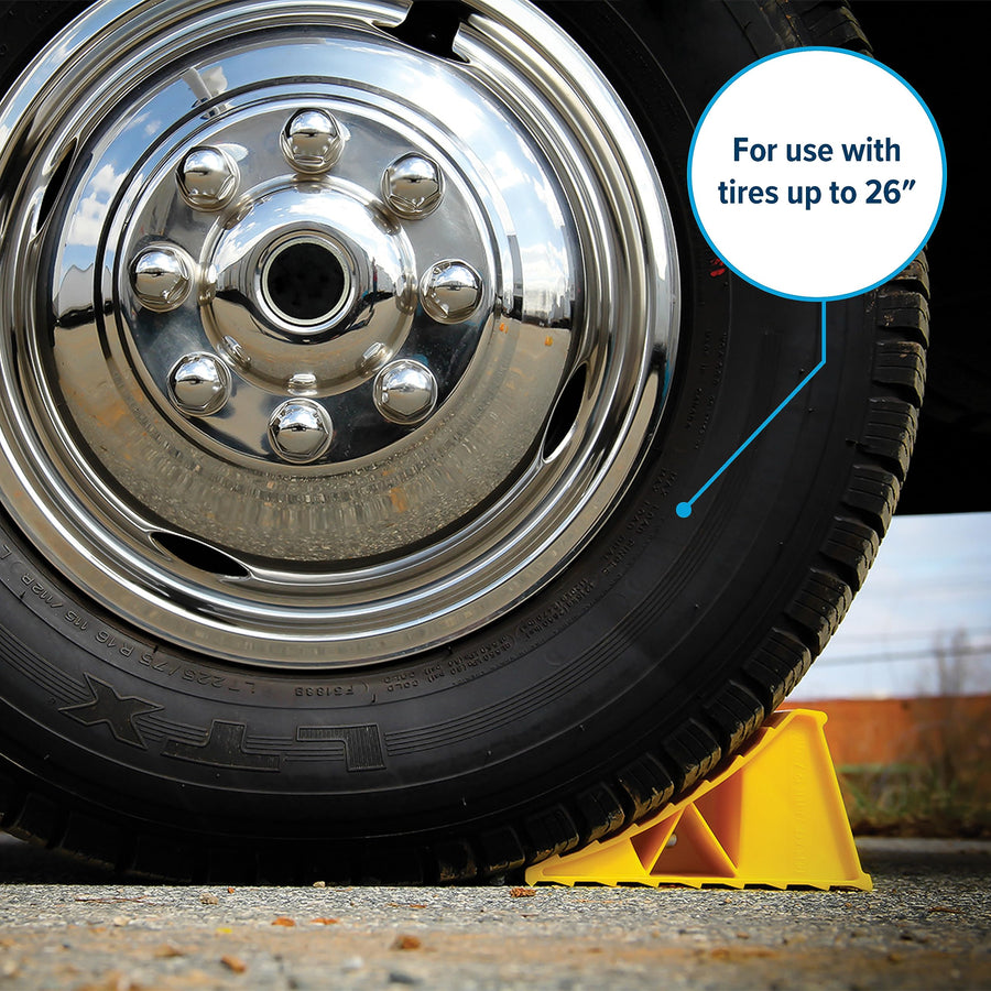 Camco Wheel Chock Standard for Trailers & RVs - Heavy Duty Trailer Wheel Chock Constructed of Durable Plastic w/UV inhibitors - for Use w/Tires Up to 26-inches - Re-Hitch in Confidence - 44412