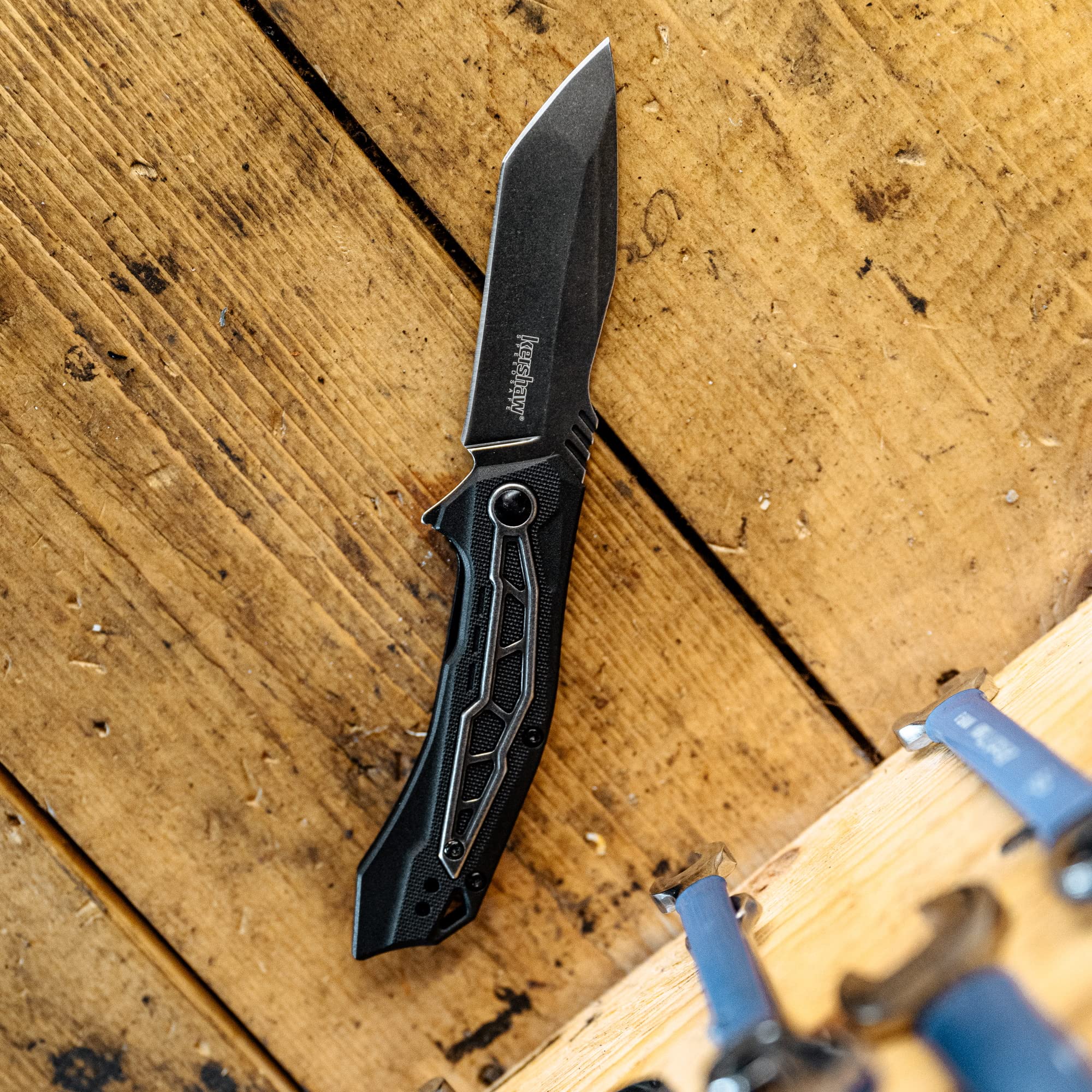 Kershaw Pocket Knife Flatbed, Black 3.125 inch Blade with SpeedSafe Opening Mechanism, Glass Filled Nylon Handle with Liner Lock and Pocketclip