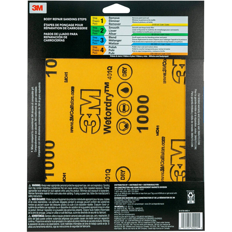 3M Sandpaper Wetordry, 32021, 1000 grit, 9 in x 11 in, 5 Sheets Per Pack