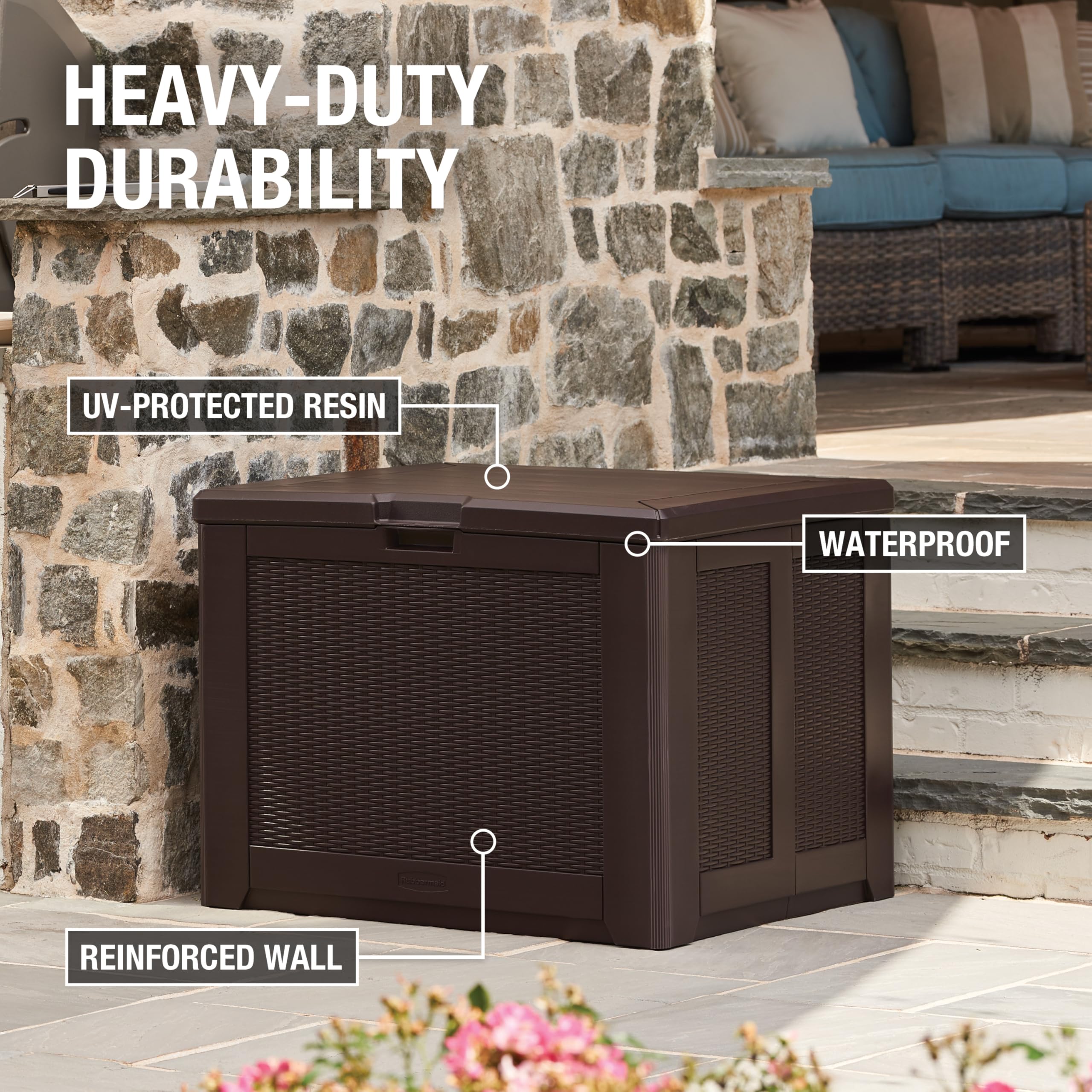 Medium Rubbermaid Resin Outdoor Storage Deck Box (74 Gal) Weather Resistant Brown Deck Organization for Home/Backyard/Pool Chemicals/Toys/Garden Tools/Porch/Patio Cushions