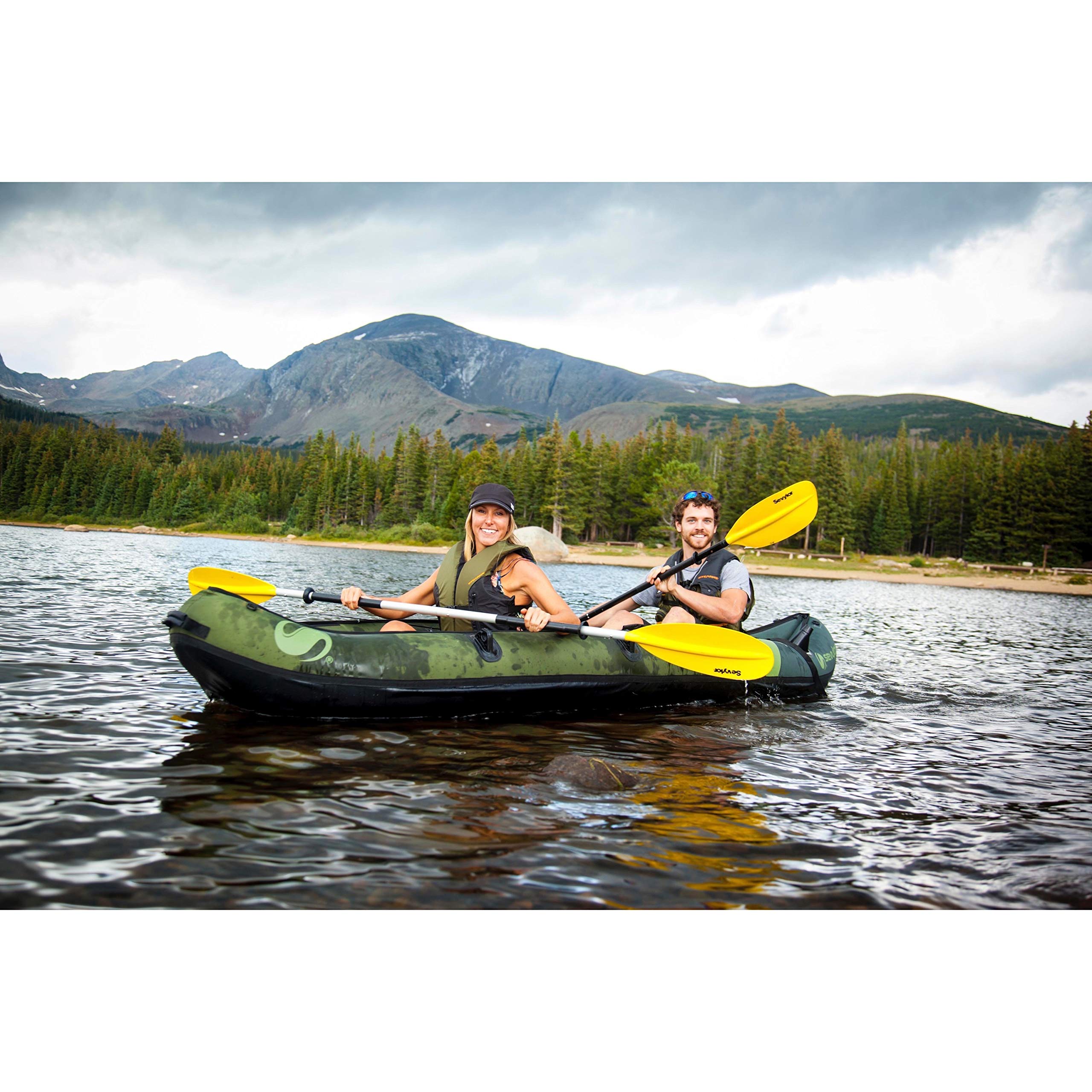 2-Person Sevylor Colorado Inflatable Fishing Kayak Complete with Paddle & Rod Holders Adjustable Seats and Carry Handle; Kayak Can Fit Trolling Motor