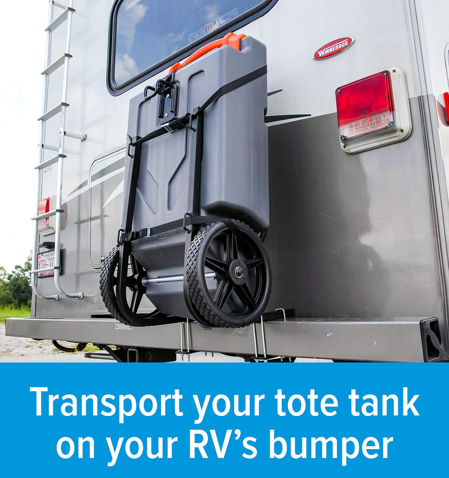 Rhino Camco RV Bumper Mount Tote Tank Holder - Features a Powder-Coated Steel Construction, Heavy-Duty Straps, and Fits Both 4-inch and 4-1/2-inch Bumpers (39010)
