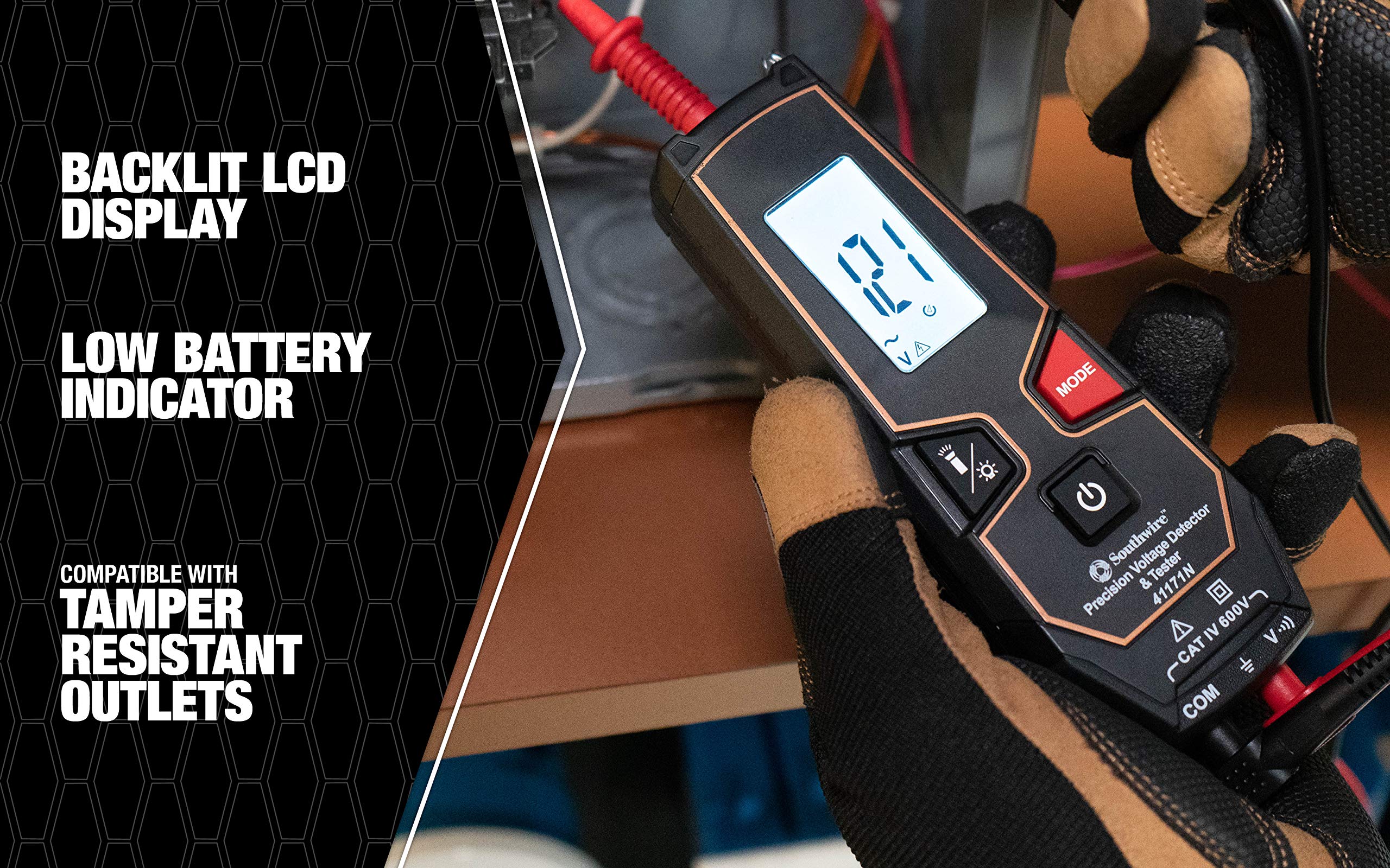 Tester Southwire LCD 600VAC/VDC NCV - Auto Detects AC or DC Voltage - Built-In Worklight - Backlit Display - Non-Contact Voltage Detection