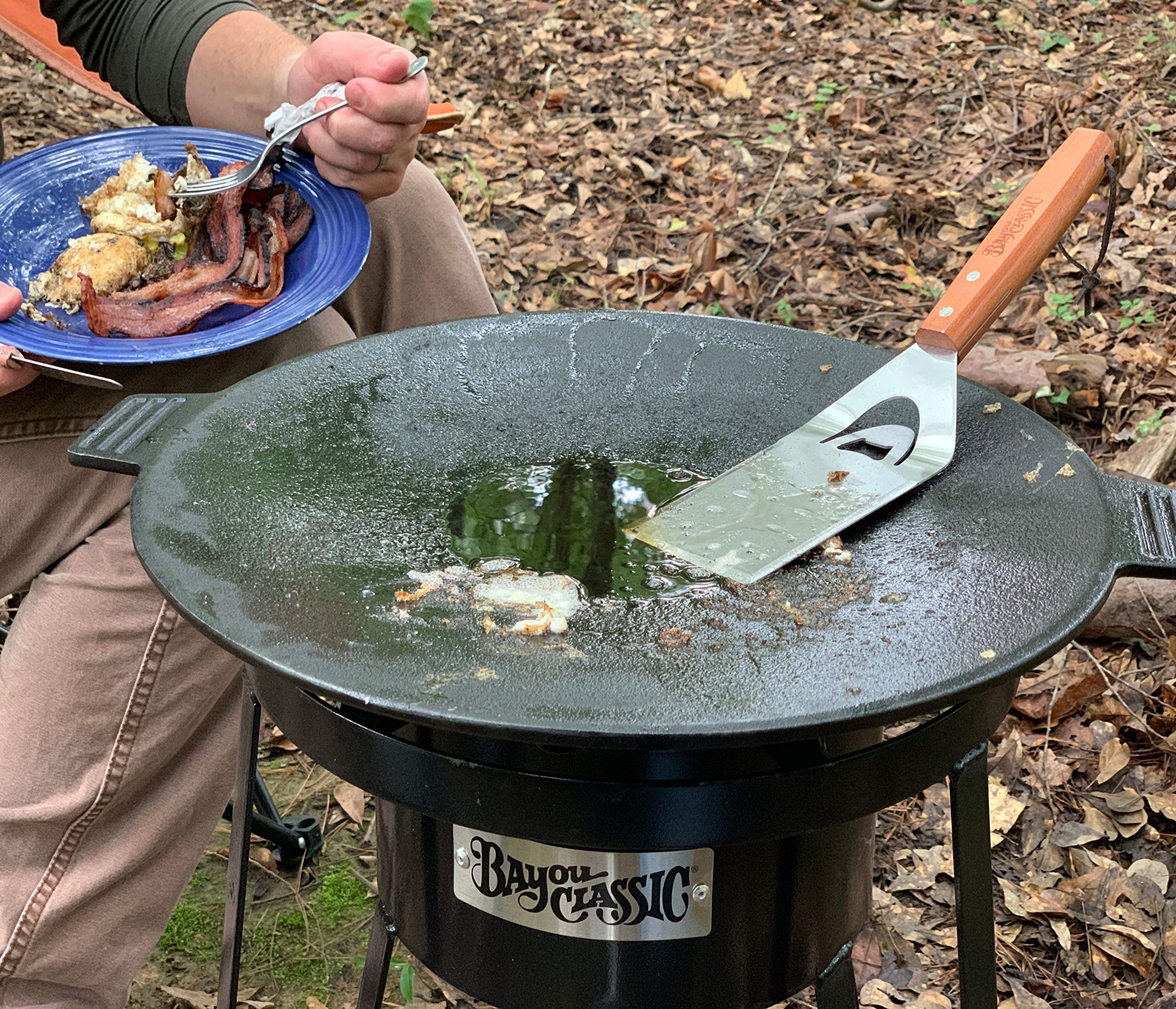 Bayou Classic B178 Discada Cooker Set Campers Perfect for Outdoor Skottle Cooking Features 17-in Diameter Cook Top 4-in Cast Aluminum Burner 21-in Tall Welded Frame Stainless Tongs & Stainless Spatula