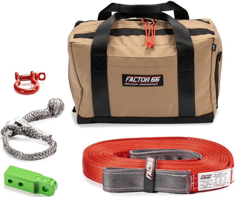 Owyhee Factor 55 Tow and Recovery Kit for Trucks, Jeeps, and SUVs, with Green Hitchlink and Medium Bag